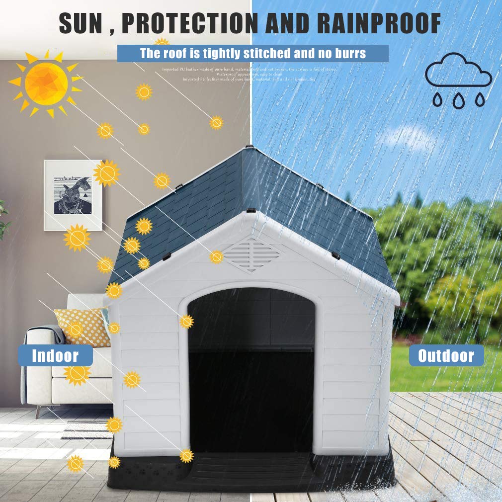 Waterproof & Ventilated Plastic Dog House for Small, Medium & Large Dogs - Durable Indoor/Outdoor Pet Shelter Kennel with Air Vents & Elevated Floor - Easy Assembly for Backyard, Patio & Camping Use