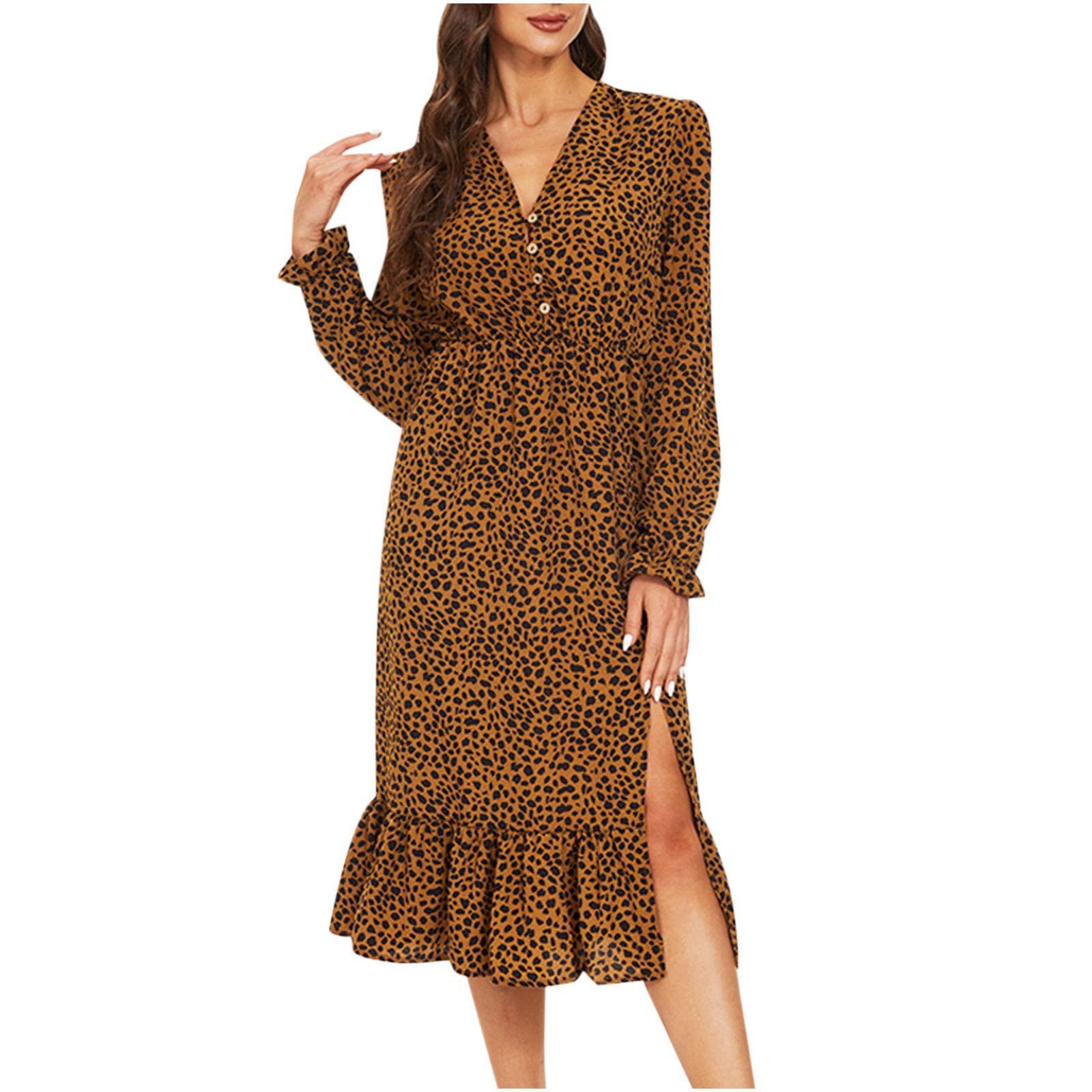 2022 Fashion Women's Summer & Autumn V-Neck Button Print Loose Comfortable Long Sleeve Dress - Wedding Guest, Party, Casual Wear, Office & Date Night Outfits