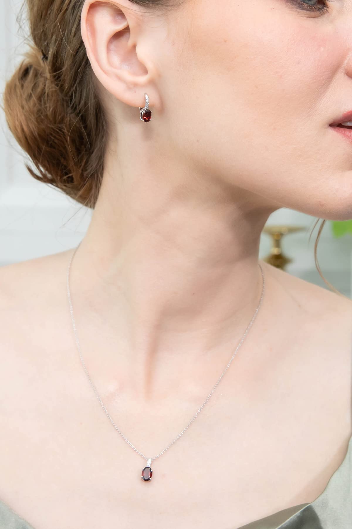 Elegant Sterling Silver Jewelry Set for Women - Oval Dainty Necklace & Drop Earrings with Genuine Synthetic Birthstones | Perfect Gift for Birthday, Anniversary & Special Occasions
