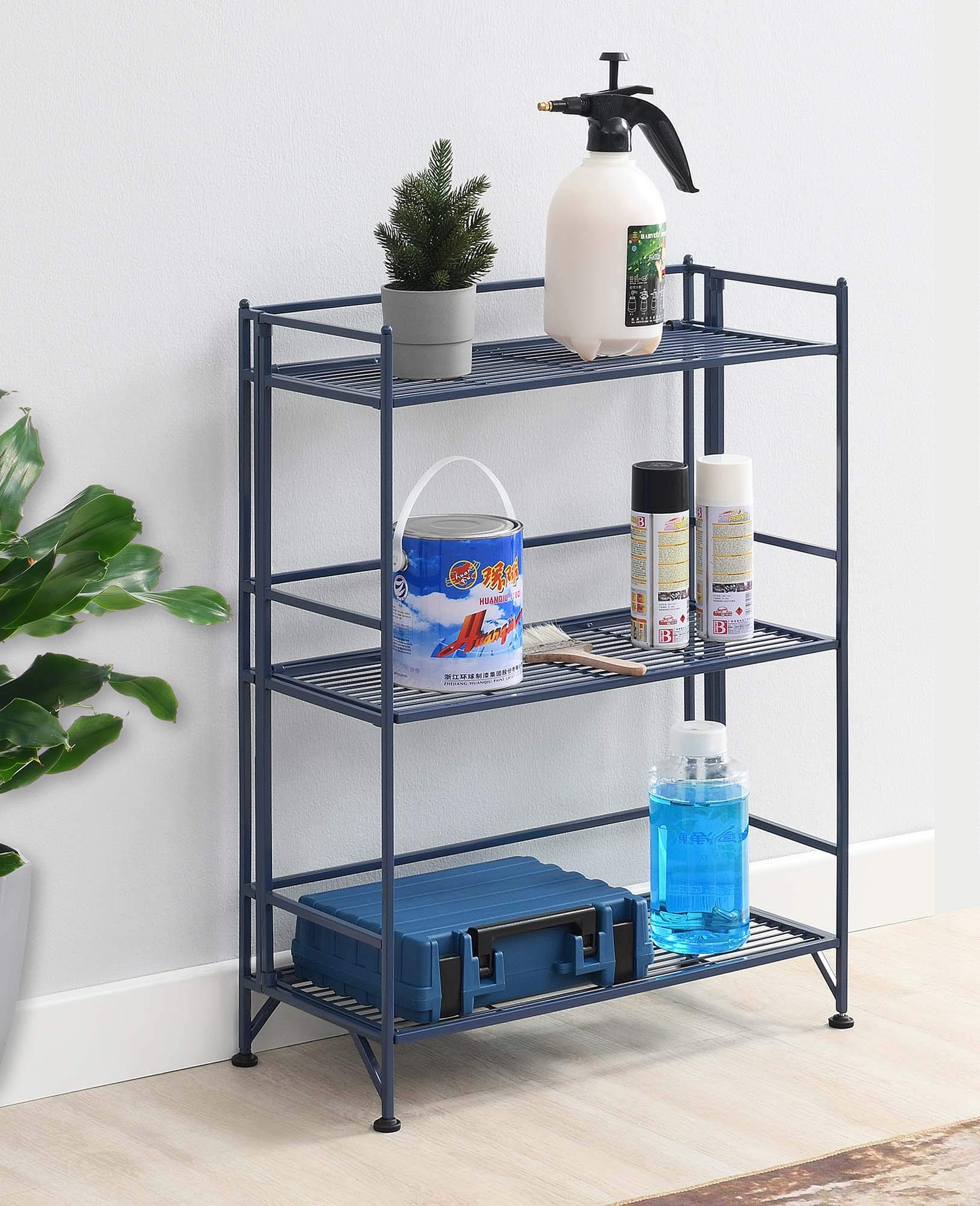 3-Tier Wide Folding Metal Storage Shelves - Space Saving Closet Organizer for Office, Laundry, Bedroom, Garage | Heavy Duty Cobalt Blue Shelving Unit | Perfect for Small Spaces & Home Organization