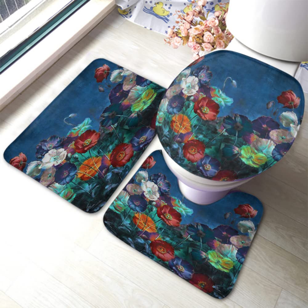 Zaueky Non-Slip 3-Piece Bathroom Rug Set - Dark Floral Oil Painting Design with Red & Purple Flowers, Rubber Backing, U-Shaped Contour Mat & Toilet Lid Cover - Soft & Absorbent for Bath, Shower & Vanity Areas