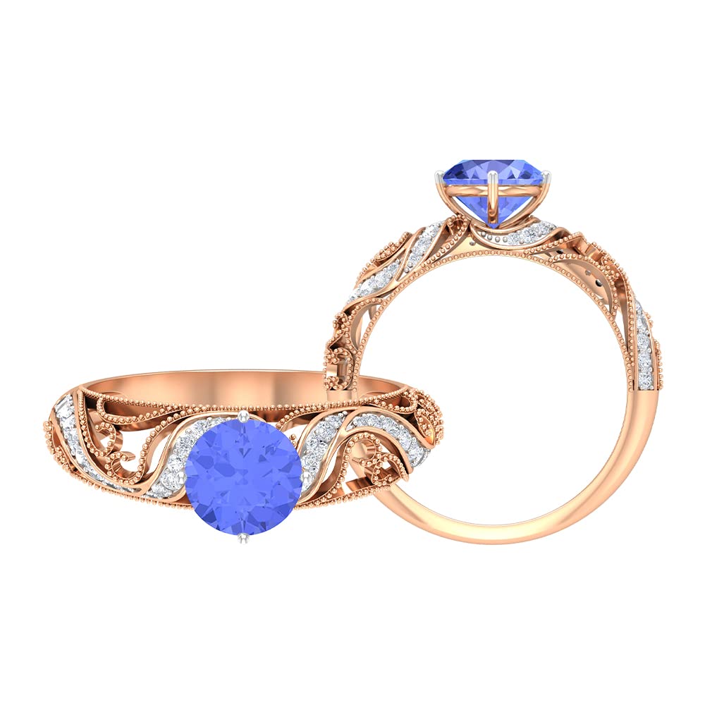 1.50 Carat Tanzanite and Moissanite Vintage Ring for Women - 6.50 MM Round Cut Tanzanite in 14K Solid Gold - Elegant Wedding, Anniversary or Gift Jewelry