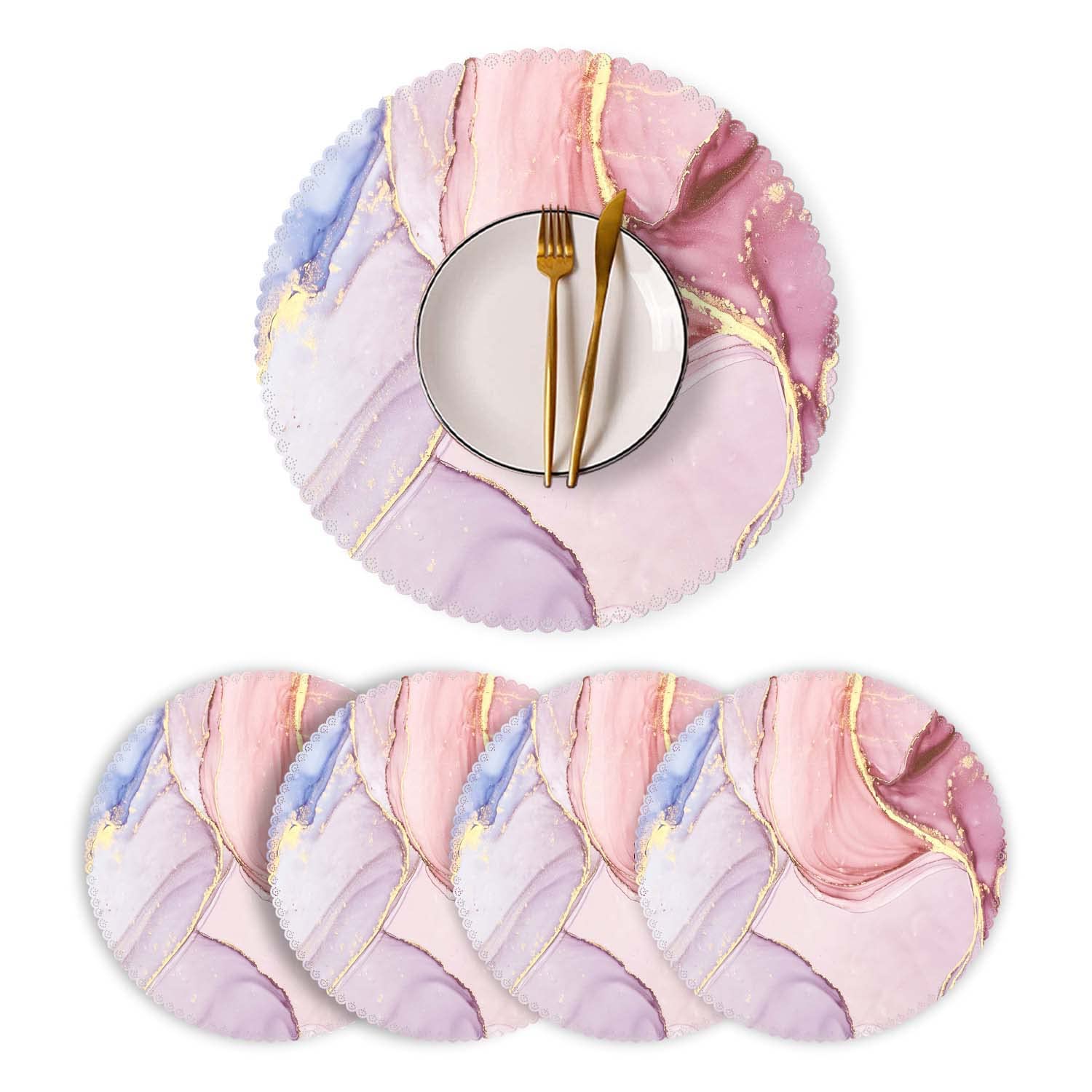 Round Heat-Resistant Washable Polyester Placemats Set of 4 - Pink Marble Design for Kitchen & Dining Table Decor | Perfect for Everyday Meals, Dinner Parties, and Holiday Gatherings