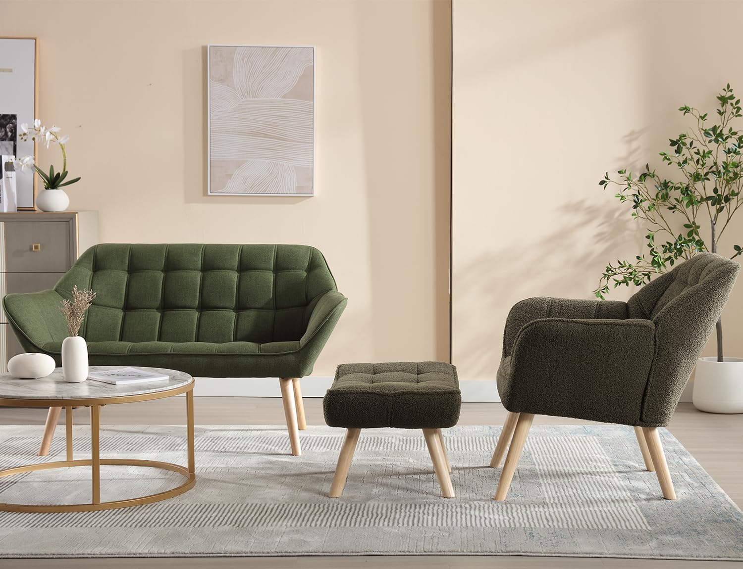 Sherpa Accent Reading Chair with Ottoman - Modern Fuzzy Upholstered Armchair with Wood Legs - Comfortable Lounge Chair for Small Spaces - Perfect for Living Room, Bedroom & Book Nook - Green - Cozy Reading Spot & Relaxation Corner