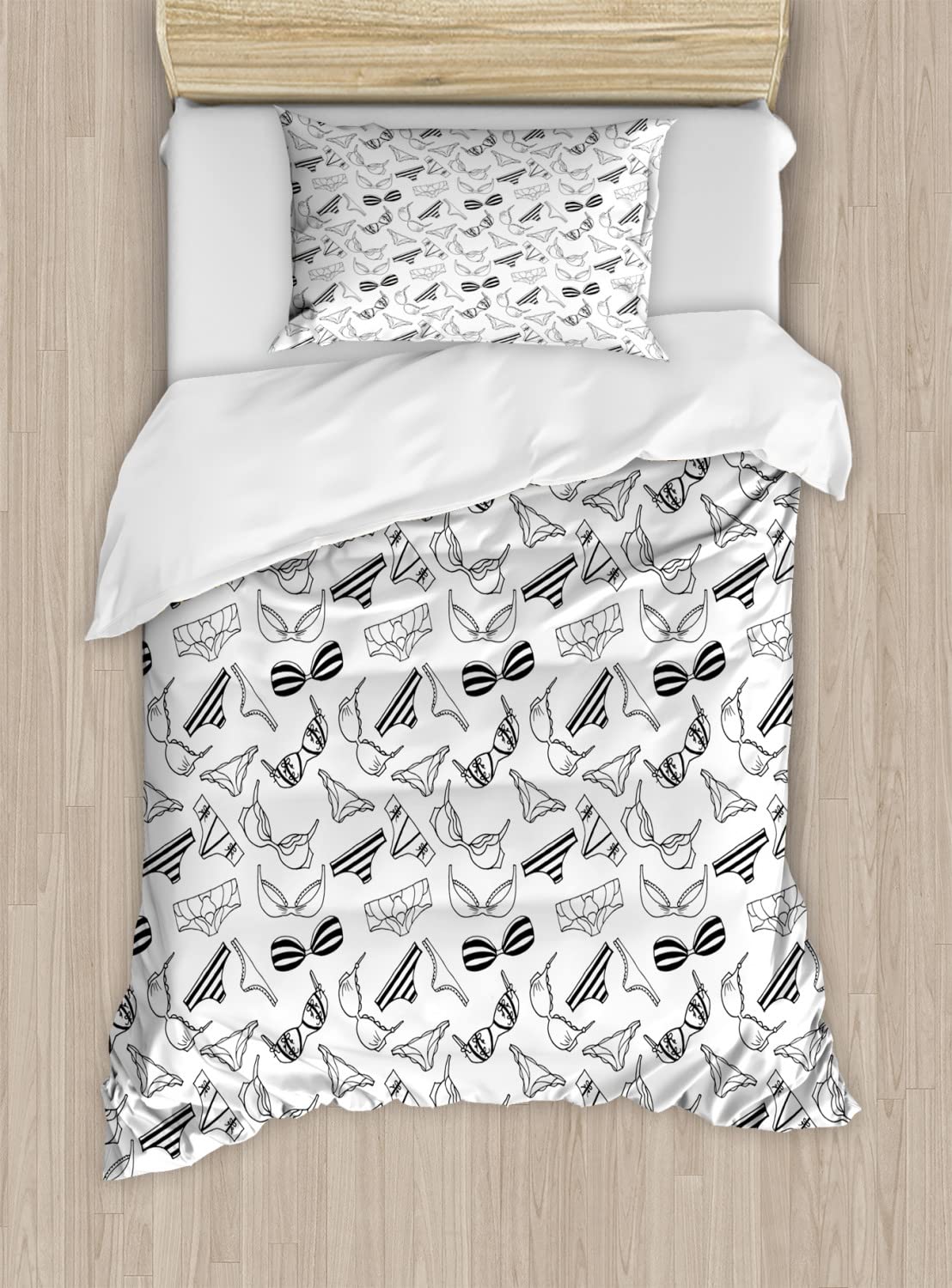 Ambesonne Black and White Duvet Cover Set - Lingerie Underwear Pattern Bras & Panties Doodle Feminine Fashion Theme Bedding - 2 Duvet Covers & 2 Pillowcases Twin Size - Perfect for Teen Girls' Bedroom, Dorm Room Decor or Unique Gift Idea