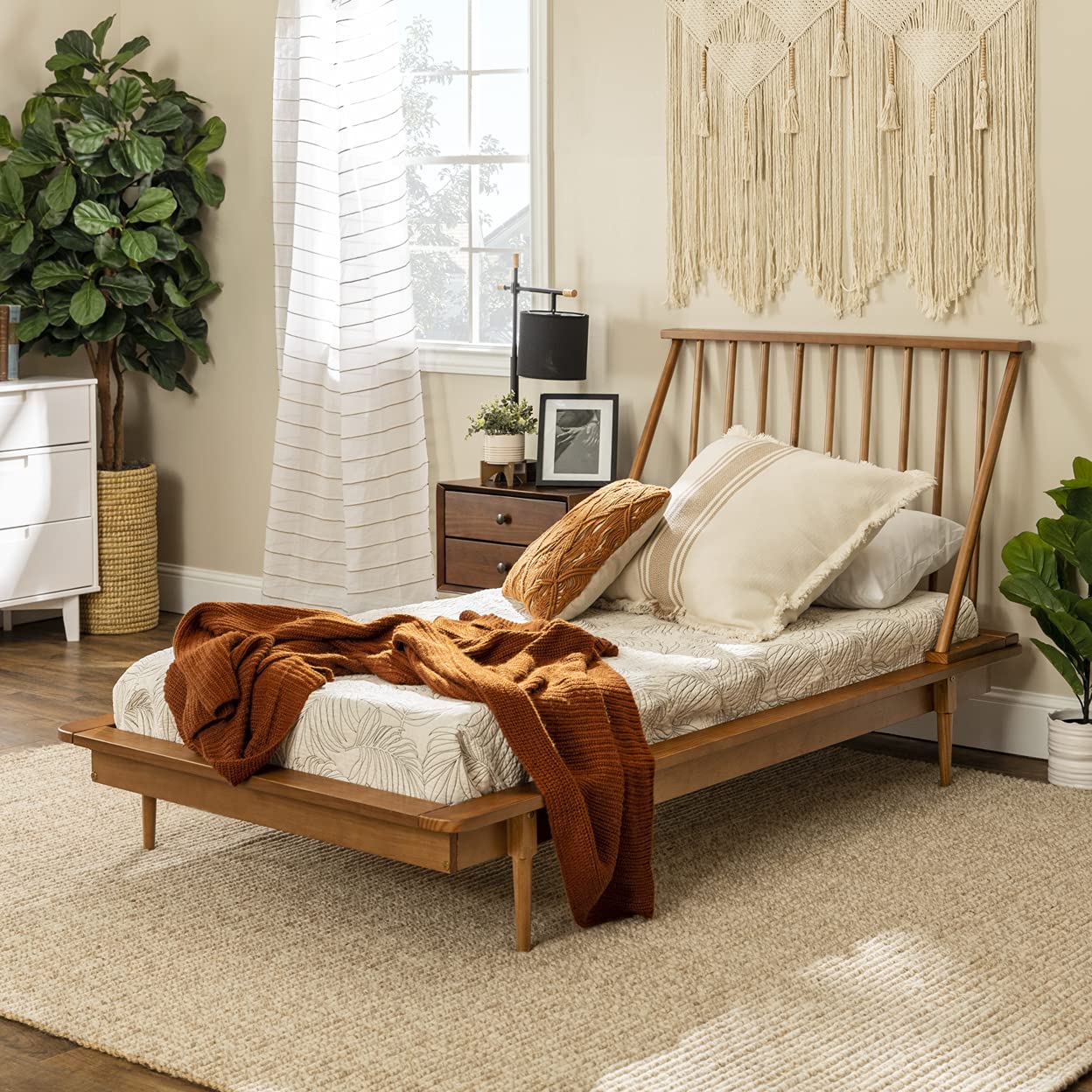 Walker Edison Mid Century Modern Solid Wood Spindle Platform Bed Frame with Headboard & Footboard - Twin Size, Caramel Finish for Bedroom Decor | Perfect for Vintage & Contemporary Home Interiors
