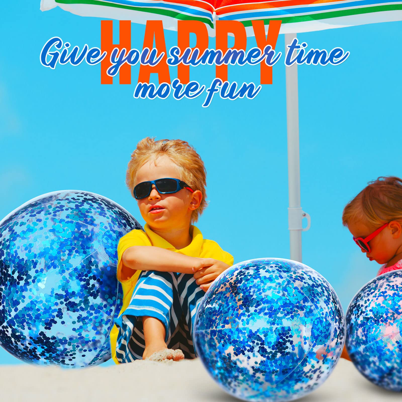 Lewtemi 12 Pcs Inflatable Glitter Beach Balls - 24 Inch & 16 Inch Clear Confetti Pool Balls, Jumbo Swimming Party Decorations for Summer, Outdoor Pool Parties, Birthday Favors, Kids Water Games (Blue)