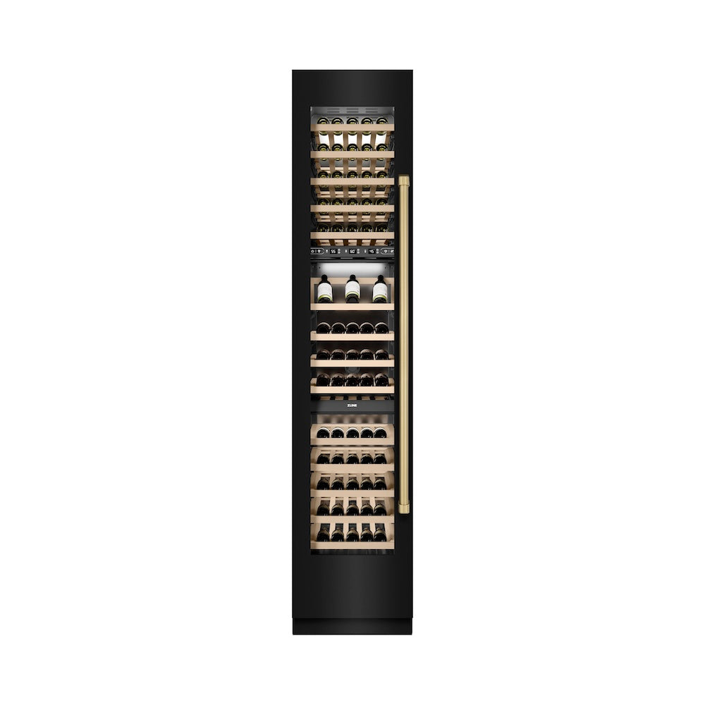 ZLINE Autograph Edition 18 Inch 9.0 cu ft Triple Zone 68 Bottle Left Hinge Black Stainless Steel Wine Cooler with Champagne Bronze Accents - Perfect for Home Bars, Wine Cellars, and Entertaining Spaces (RCWVLZ BS 18 CB)
