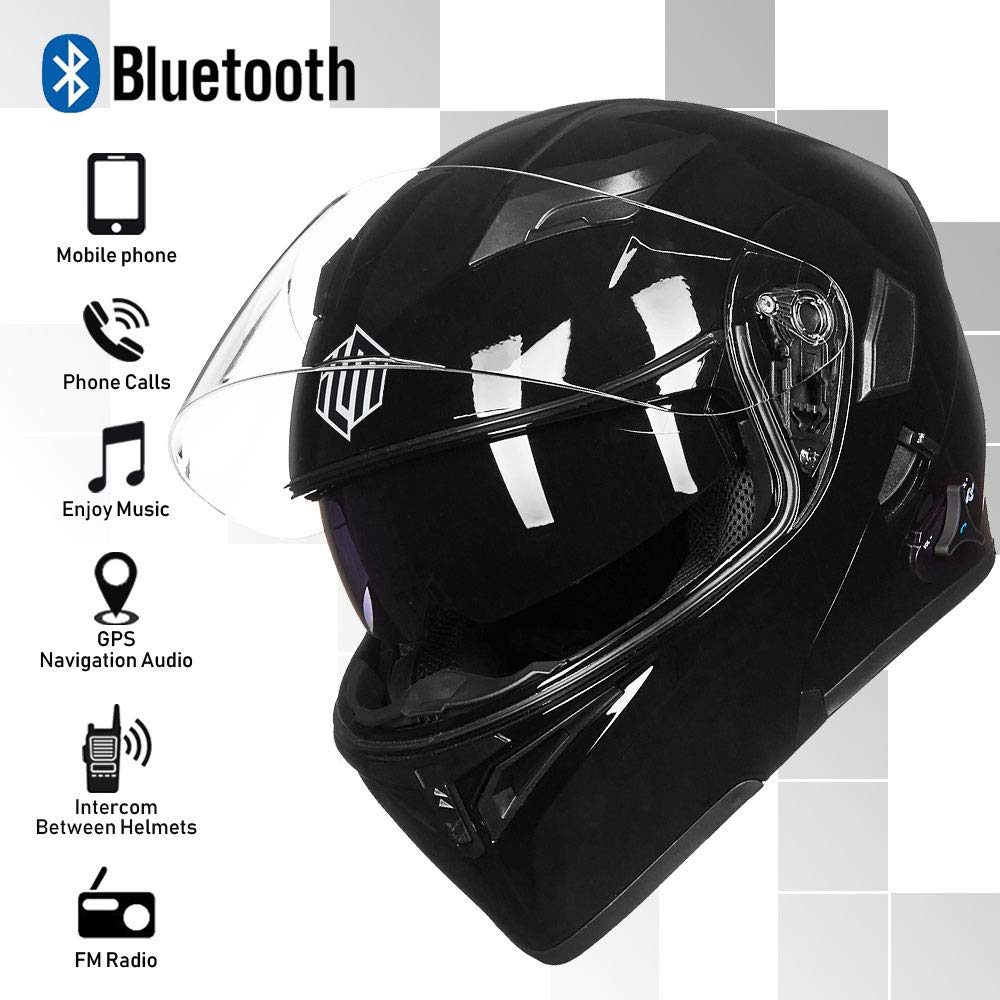 **ILM Bluetooth Motorcycle Helmet - Modular Flip-Up Full Face Helmet with Dual Visor, MP3, Intercom & FM Radio - DOT Certified Model 902BT (Gloss Black, XL) - Perfect for Commuting, Touring & Long Rides**