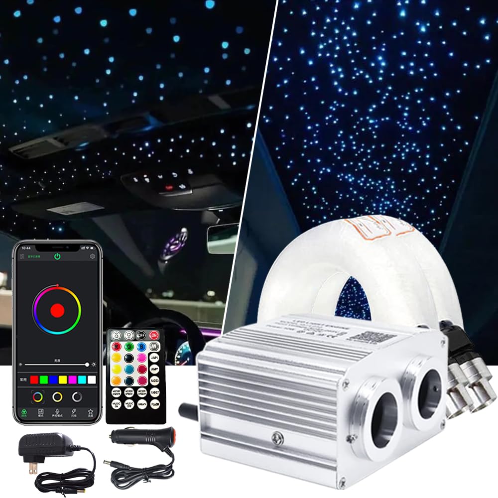 16W Dual Head Twinkle Fiber Optic Lights Kit with Bluetooth & RGBW LED - APP/Remote Control for Car, Home Ceiling & Star Sky Light (720pcs 0.03in 9.8ft) - Perfect for Bedroom Decor, Parties & Relaxation