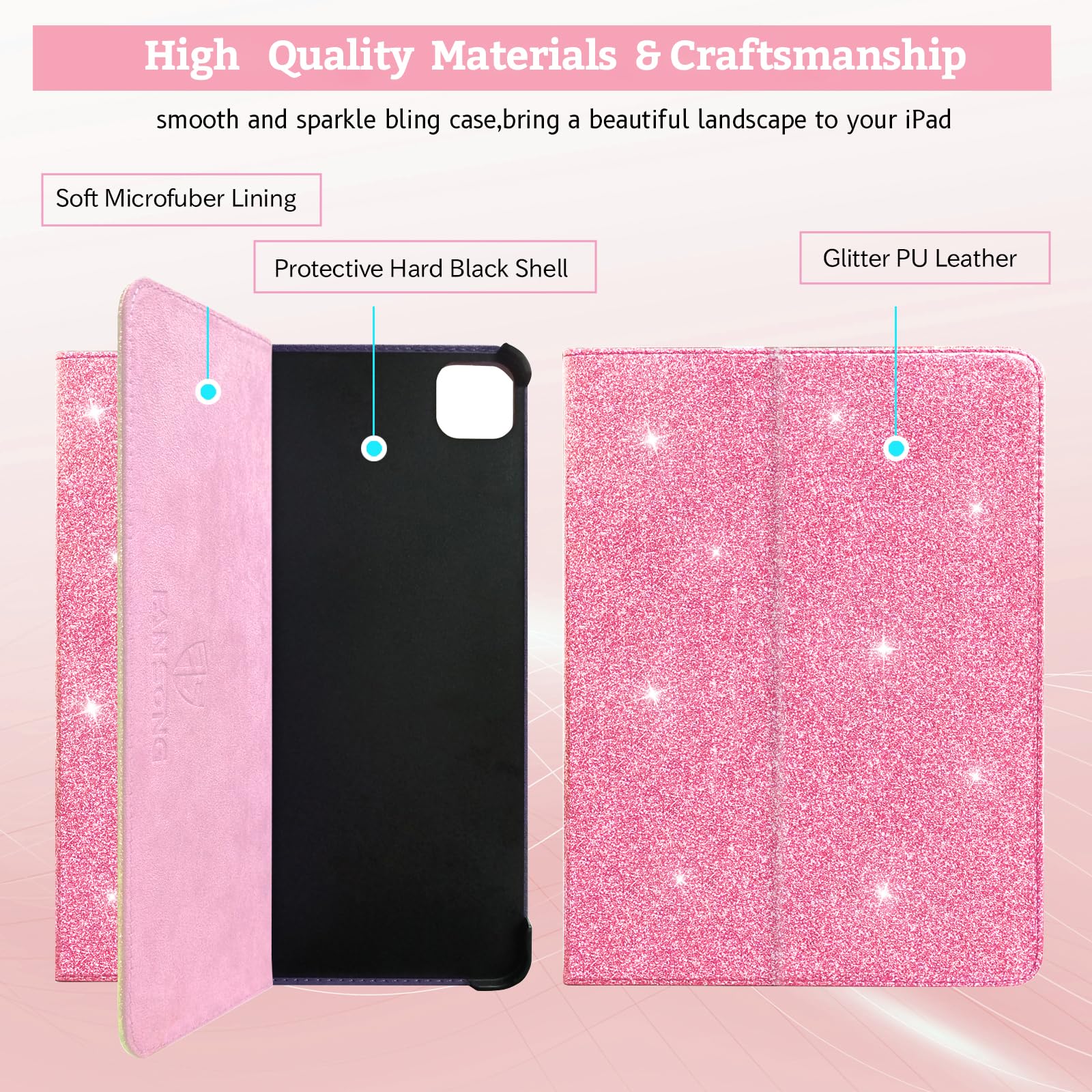 FS FANSONG Glitter iPad Case for iPad Air 11 (2024 M2) & iPad Pro 11-inch (4th/3rd/2nd Gen) - Slim Sparkly Protective Cover with Auto Sleep/Wake - Perfect for Work, School & Travel (Pink)