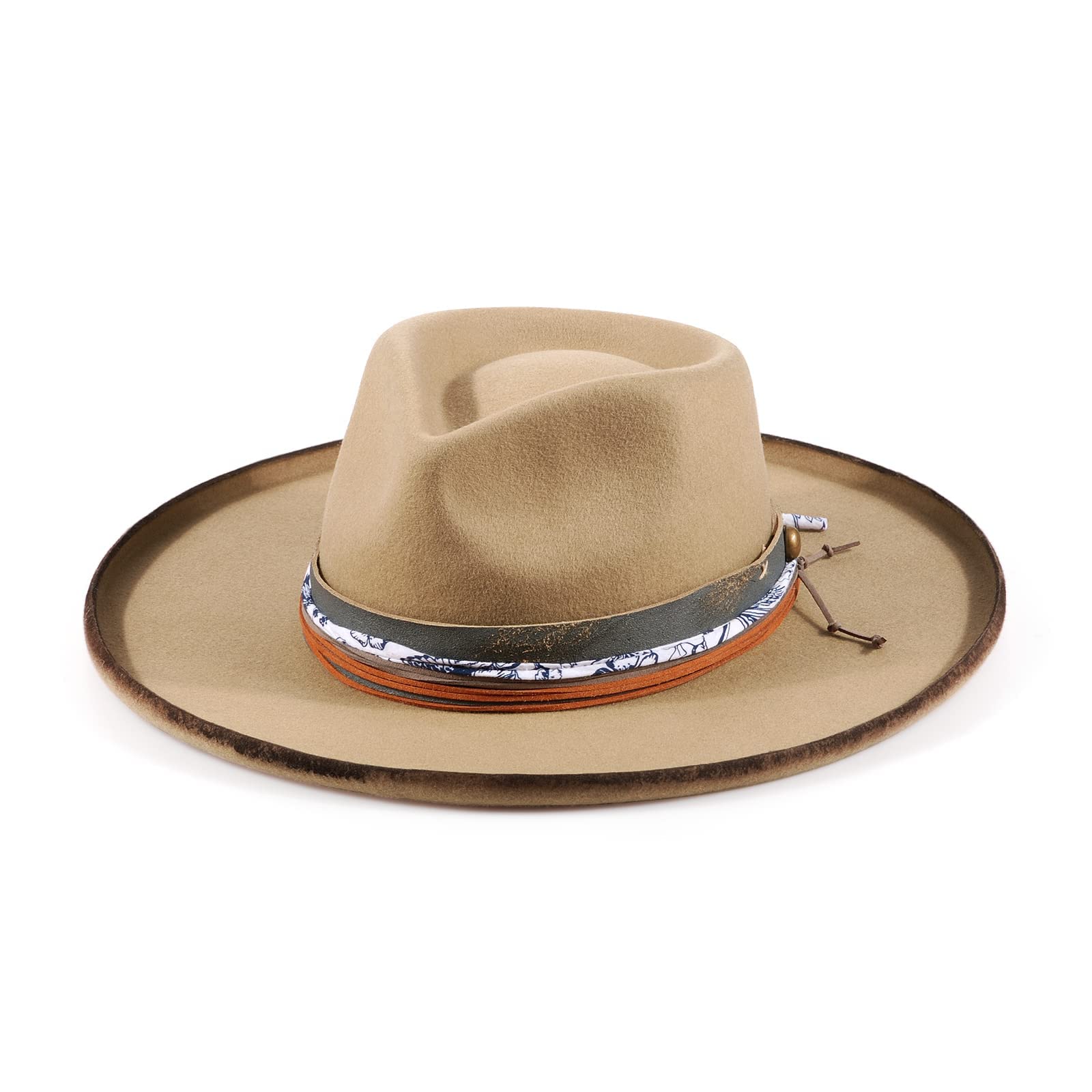 Vintage Wide Brim Fedora Hat for Men & Women - 100% Wool Felt Panama Rancher Hat with Distressed Lightning Logo - Perfect for Western Style, Cowboy Fashion, Outdoor Adventures & Costume Parties