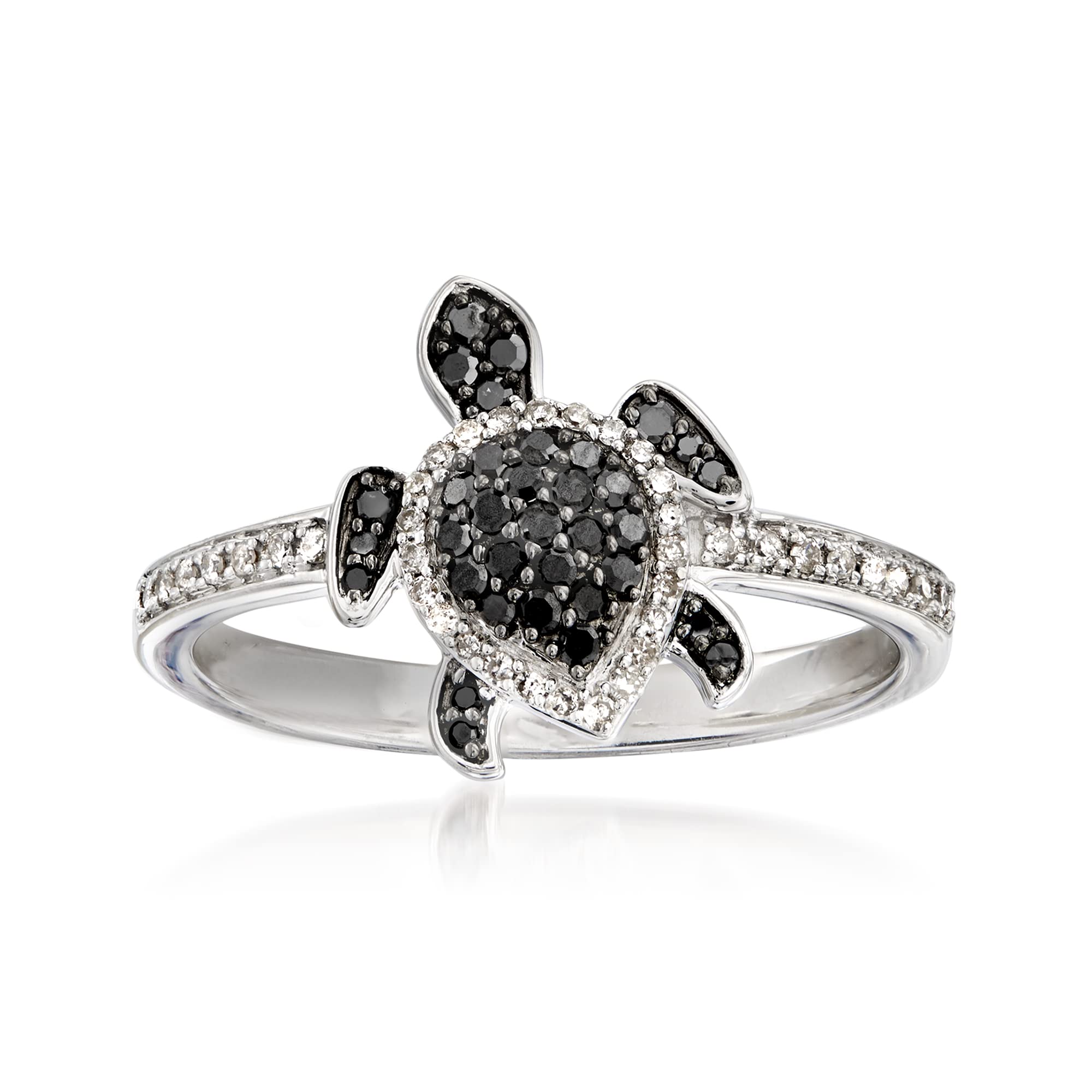 Sterling Silver Turtle Ring with 0.25 ct Black & White Diamonds - Elegant Jewelry for Women, Perfect Gift for Birthday, Anniversary & Special Occasions