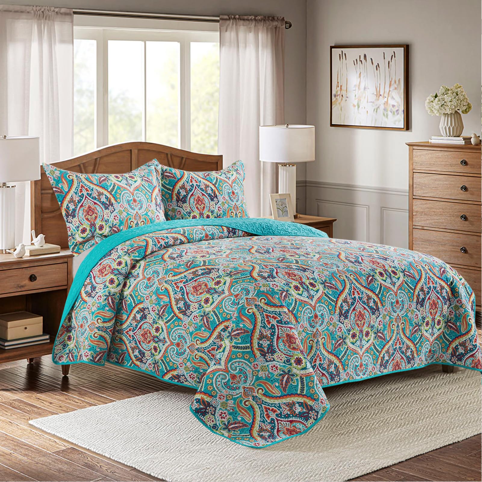 BEDIFANY Queen Size Quilt Set - Lightweight 100% Cotton Reversible Bedspread Coverlet (90x98 Inches) with Boho Design - 3-Piece Bedding Set for Comfortable Sleep - Perfect for Guest Rooms, Master Bedrooms & Cozy Home Decor