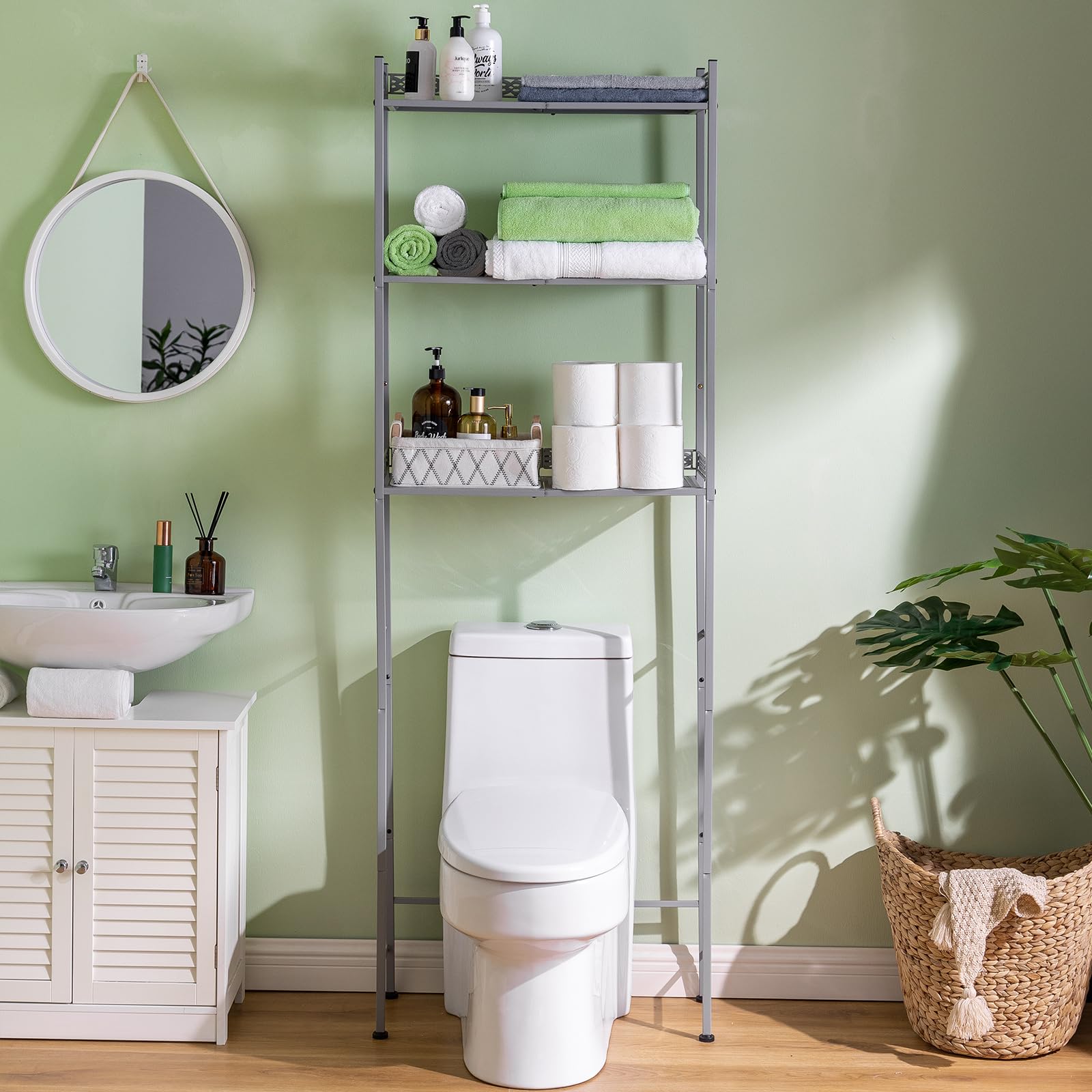 Over The Toilet Storage Shelf - Space Saving Bathroom Organizer with Metal Frame in Light Grey | Perfect for Small Bathrooms, Apartments & Powder Rooms