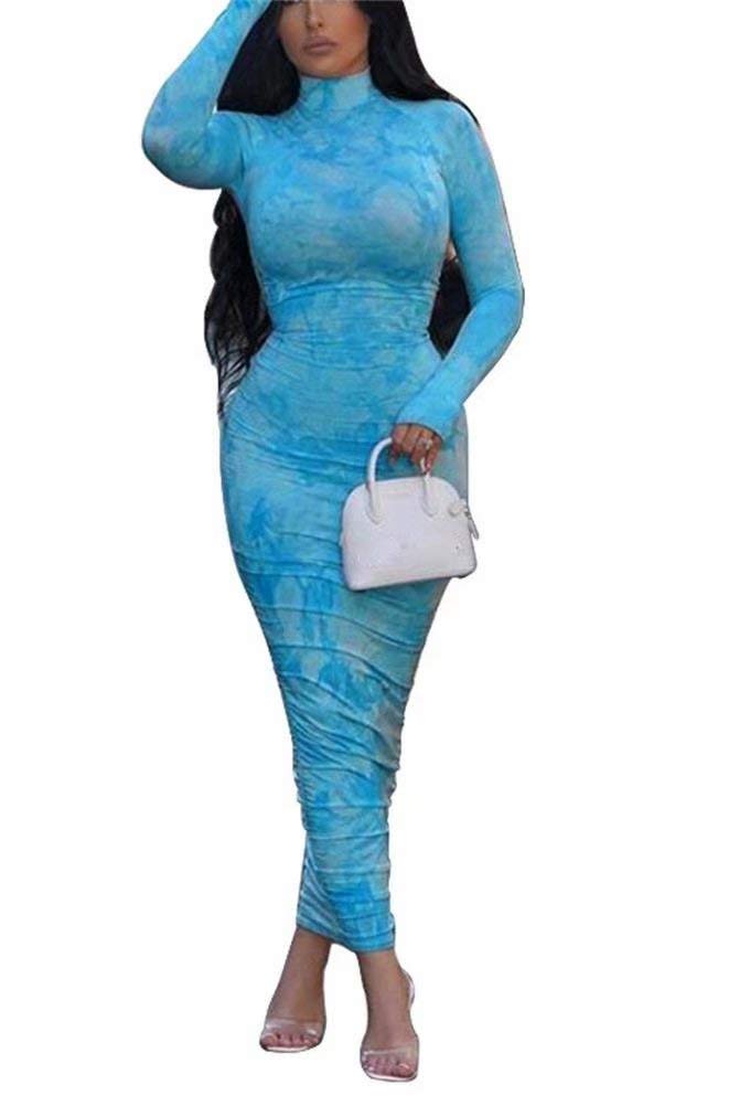LKOUS Women's Casual Tie-Dye Long Sleeve Stand Collar Pleated Bodycon Maxi Shirt Dress - Plus Size Party & Evening Wear for Women, Perfect for Date Night, Club Outings and Special Occasions