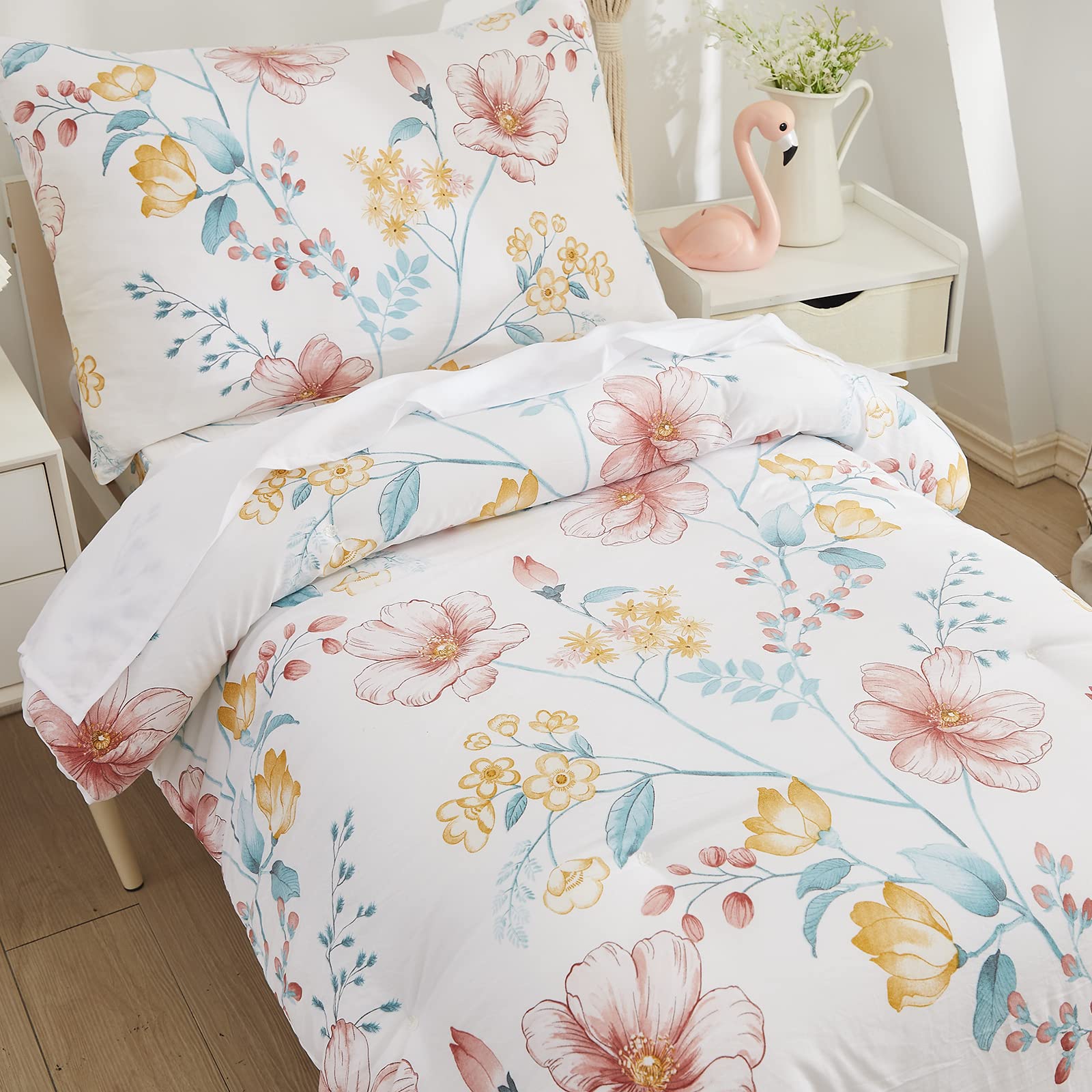 Brandream 4-Piece Toddler Bedding Set for Girls - Floral Comforter, Pink & White Boho Sheet Set, Washed Cotton Farmhouse Style - Perfect for Nursery, Kids Room & Sleepovers (Baby, Child, Twin Bed)