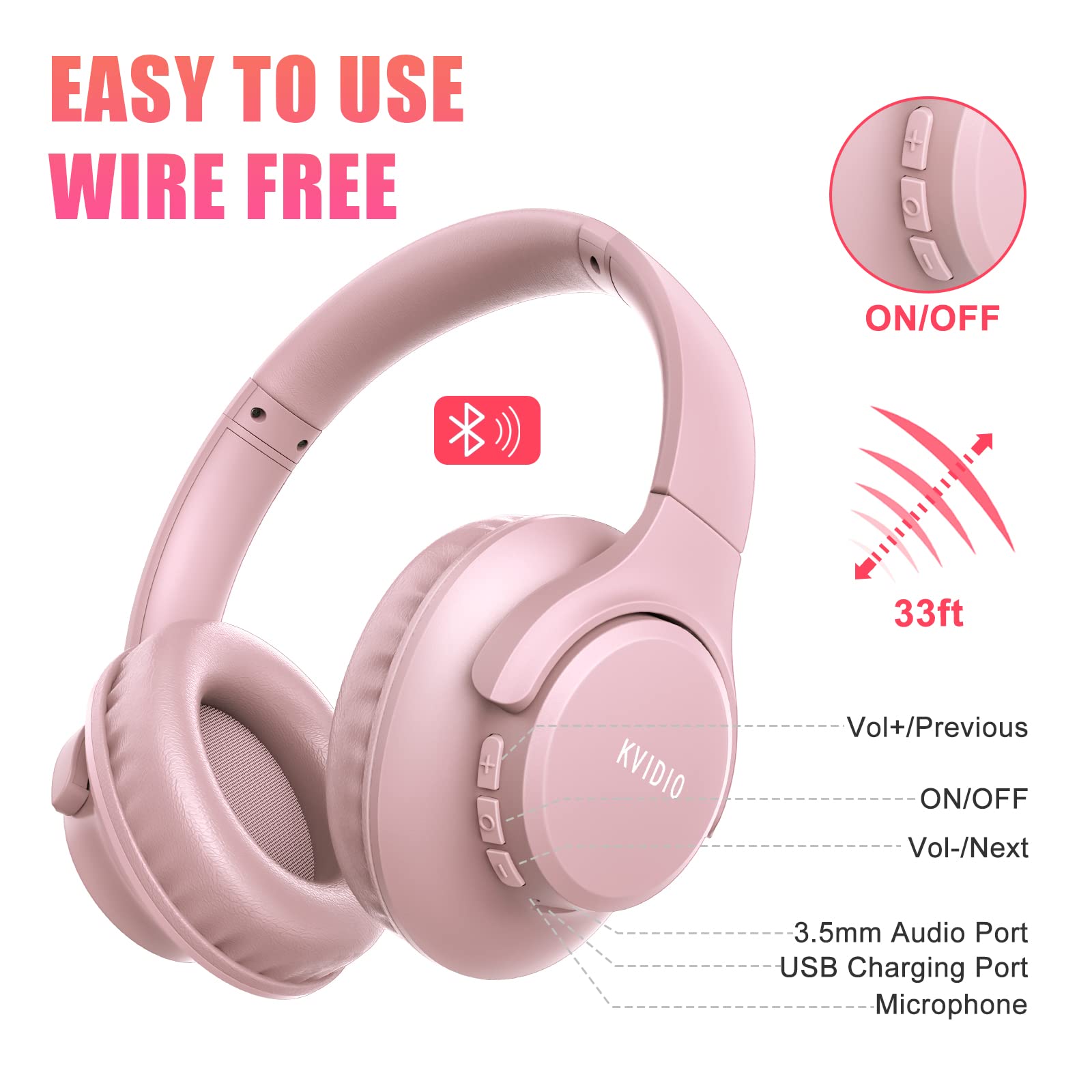 KVIDIO Bluetooth Over-Ear Headphones - 65H Playtime, Wireless with Mic, Foldable & Lightweight, Deep Bass & HiFi Stereo Sound for iPhone/Android - Perfect for Travel, Workouts & Gaming
