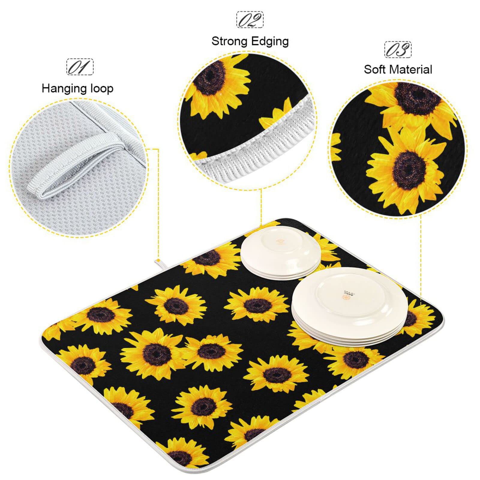 Sunflower Printed Microfiber Dish Drying Mat - 18x24 Inch Absorbent Kitchen Countertop Drainer - Perfect for Drying Dishes, Utensils & Cookware - Ideal for Kitchen Counter, Sink Area & Dish Rack Use