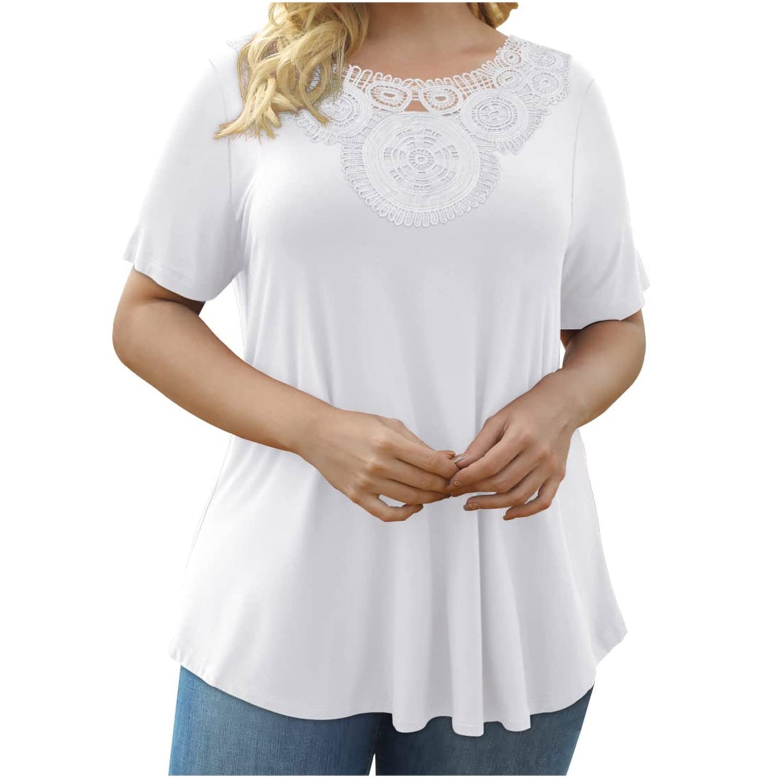 2022 Trendy Plus Size Flowy Summer Tops for Women - V Neck Lace Patchwork Short Sleeve T-Shirts, Casual Comfy Tunic Tops for Beach, Vacation & Everyday Wear