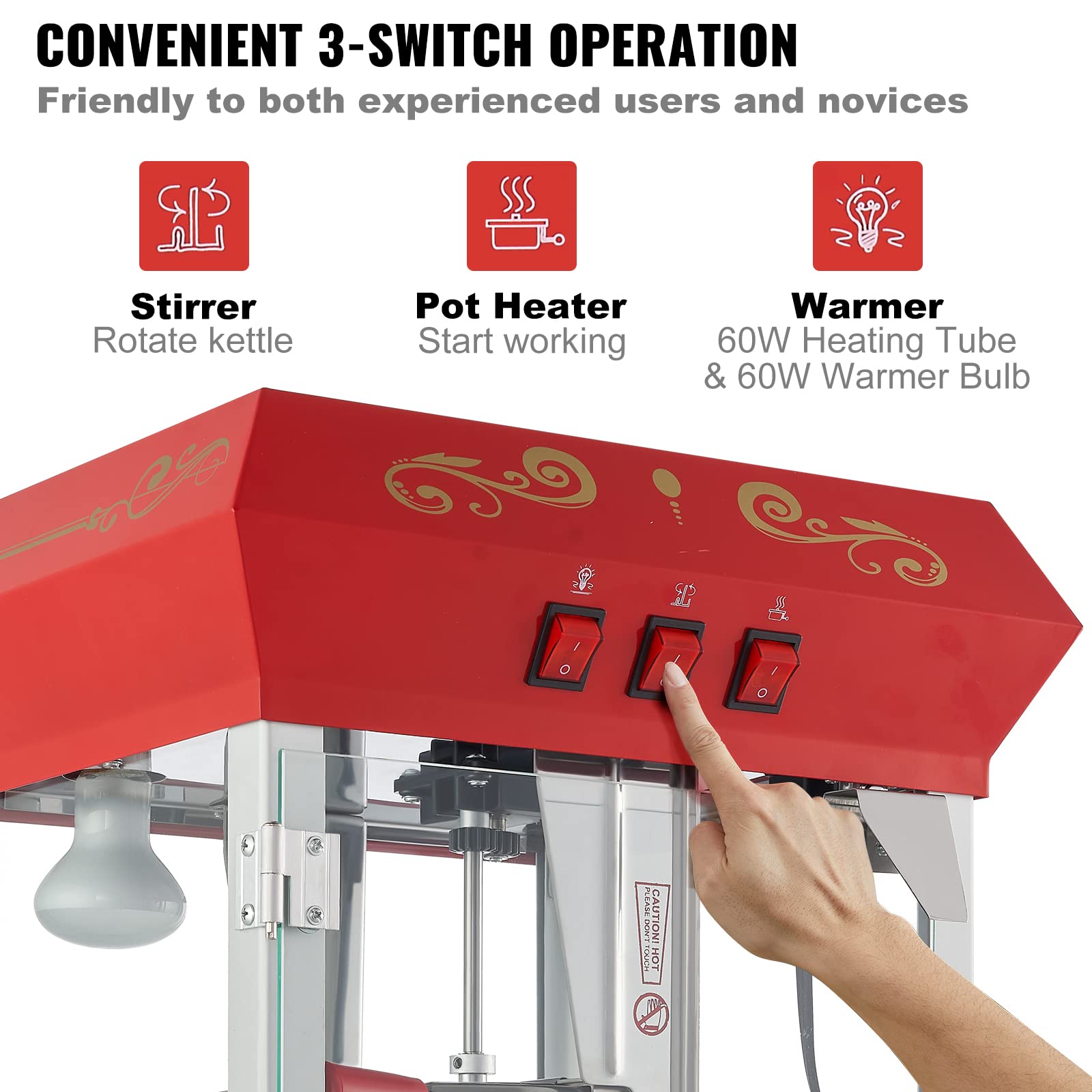 VEVOR 8 Oz Commercial Popcorn Machine - 850W Theater Style Popper with Wheels, Makes 48 Cups per Batch - 3-Switch Control, Steel Frame & Tempered Glass Doors - Includes Scoop & Spoons - Perfect for Movie Theaters, Carnivals, and Home Theater Snack Bars