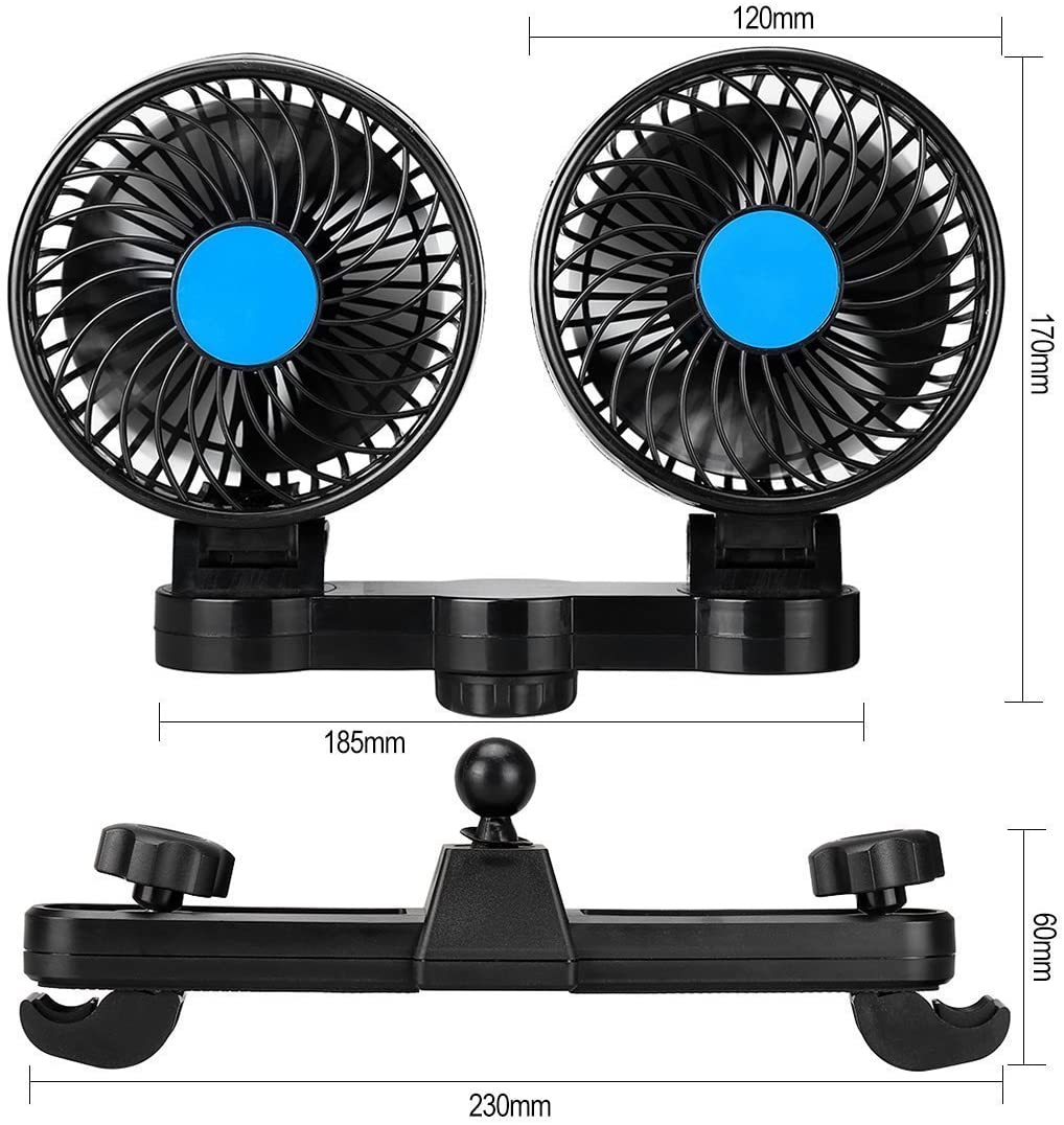 12V Dual Head Car Fan - Adjustable Cooling for Pets & Rear Passengers | 360° Rotating Vehicle Fan for Summer Travel & Road Trips | Compact Car Accessory for Hot Weather Comfort