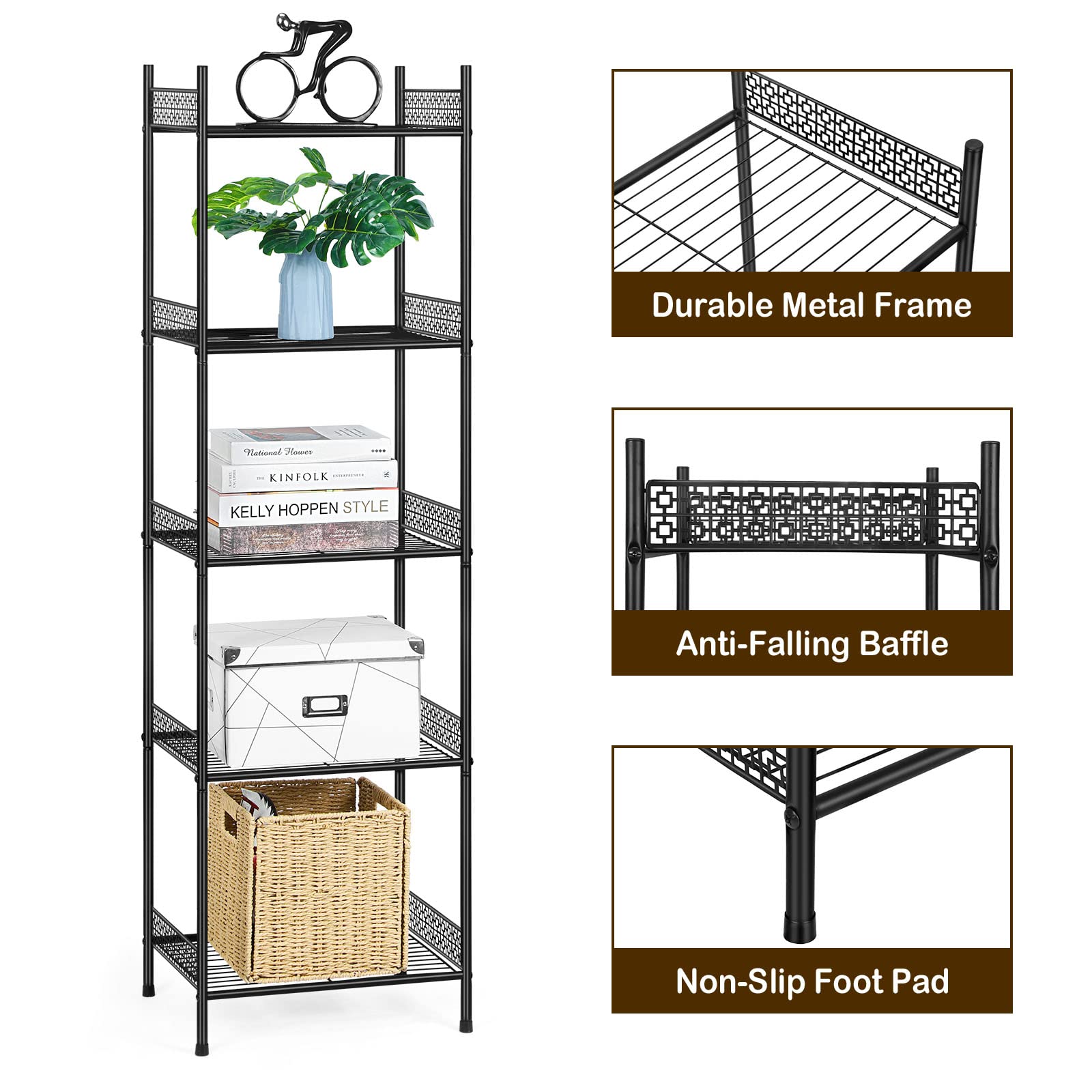 5-Tier Heavy Duty Wire Shelving Unit - Free Standing Bathroom Storage Shelf for Towels, Kitchen, Laundry Organization - Black | Space-Saving Storage Solution for Small Bathrooms, Closets & Garages