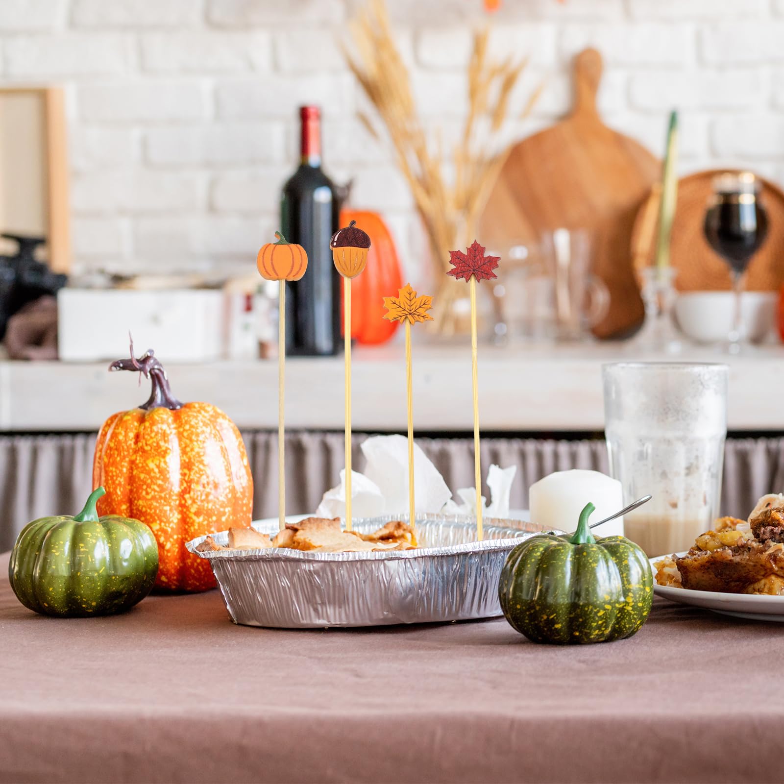 100PCS Fall Cocktail Picks 4.7 Inch - Decorative Bamboo Toothpicks with Autumn Leaves, Pumpkins & Acorns Designs for Thanksgiving Party, Appetizers, Fruit Skewers & Drink Decorations - Perfect for Seasonal Gatherings, Holiday Tablescapes and DIY Crafts