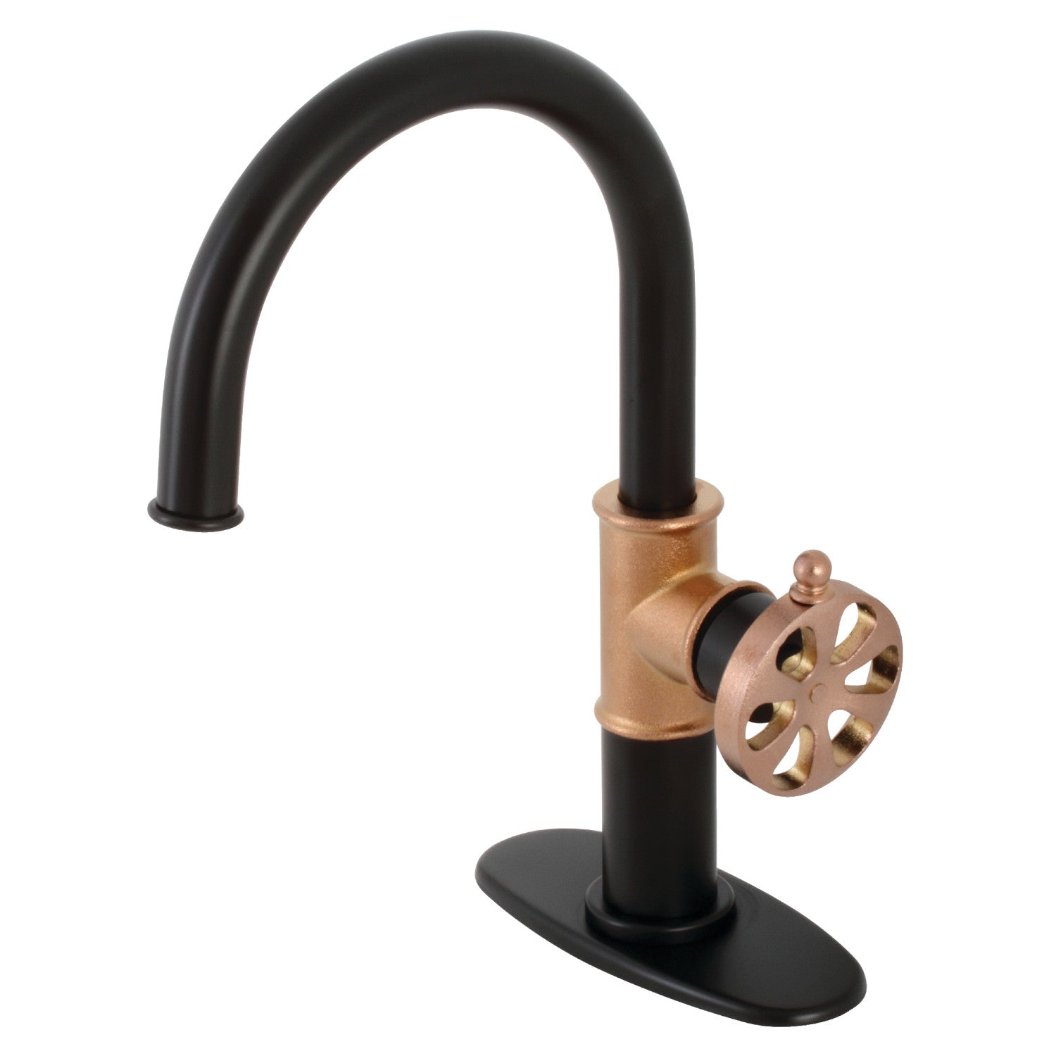 Belknap KSD2237RX Single Handle 1 Hole Bathroom Sink Faucet with Deck Plate & Push Pop-Up Drain - Matte Black & Rose Gold Finish for Modern Bathroom Renovation