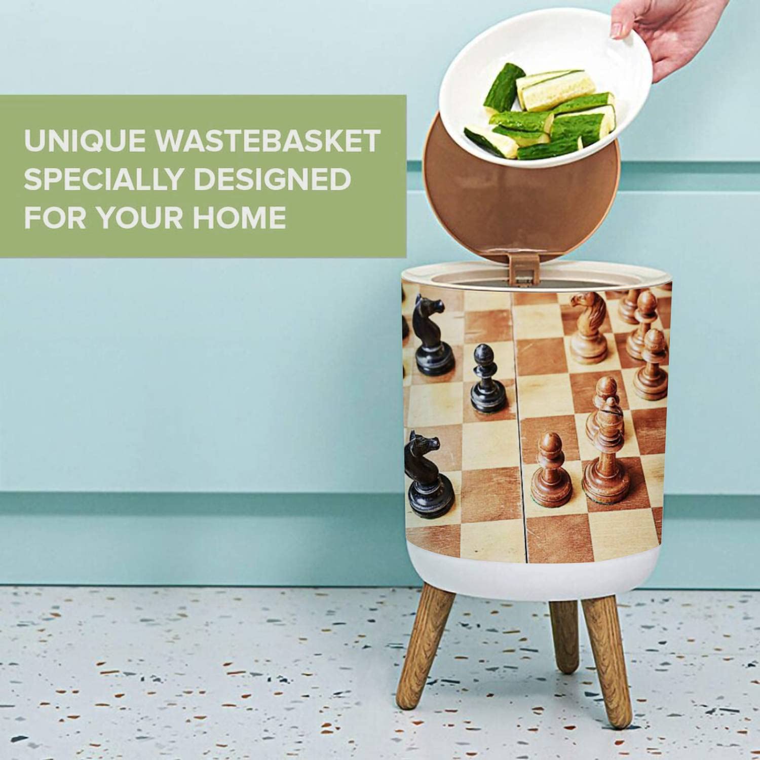 Small Trash Can with Lid - 1.8 Gallon Round Chess-Themed Garbage Bin with Press Cover, Dog-Proof Wastebasket for Kitchen, Bathroom & Living Room - Perfect for Game Rooms, Offices and Home Decor