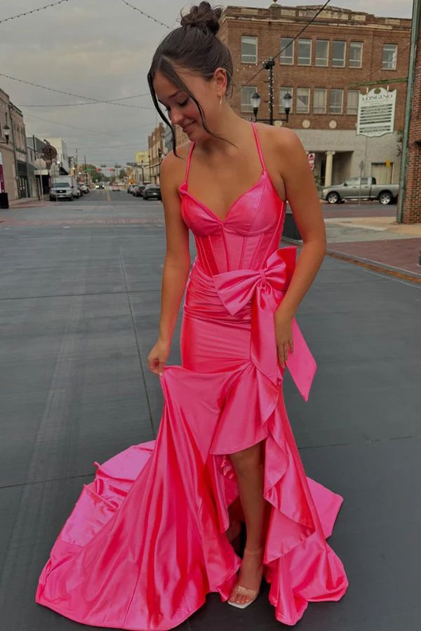 Elegant Hot Pink Mermaid Slit Prom Dress with Ruffles - Formal Party Gown J5807 for Homecoming, Evening Gala & Special Occasions