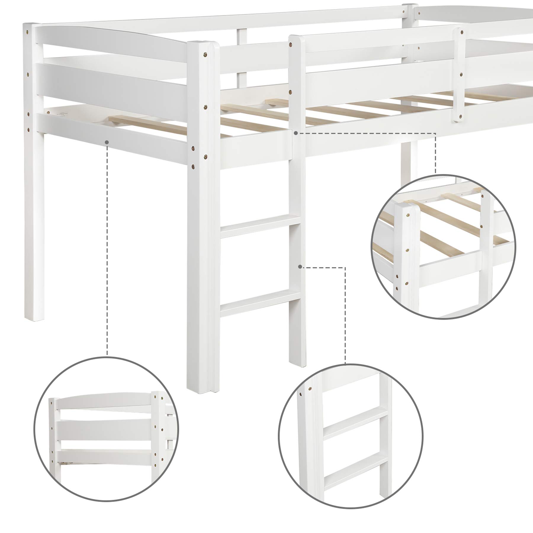 P PURLOVE Twin Loft Bed with Ladder - Sturdy Wood Low Loft Bed Frame for Kids & Teens - No Box Spring Needed - White - Perfect for Small Bedrooms, Dorm Rooms & Space-Saving Kids' Rooms