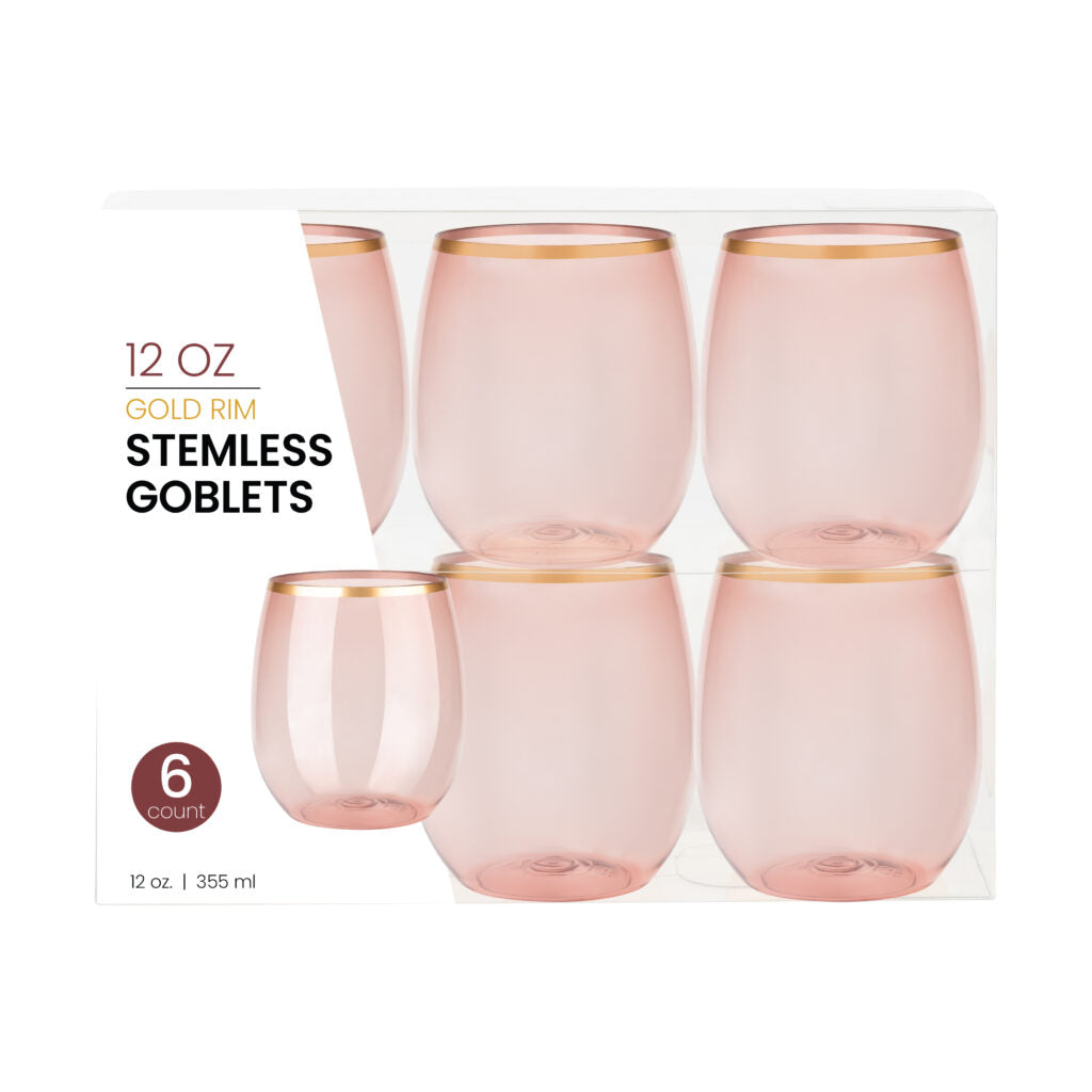 12 oz. Rose Plastic Stemless Wine Goblets with Gold Rim - 6 Pack Set for Outdoor Parties, Picnics, and Weddings