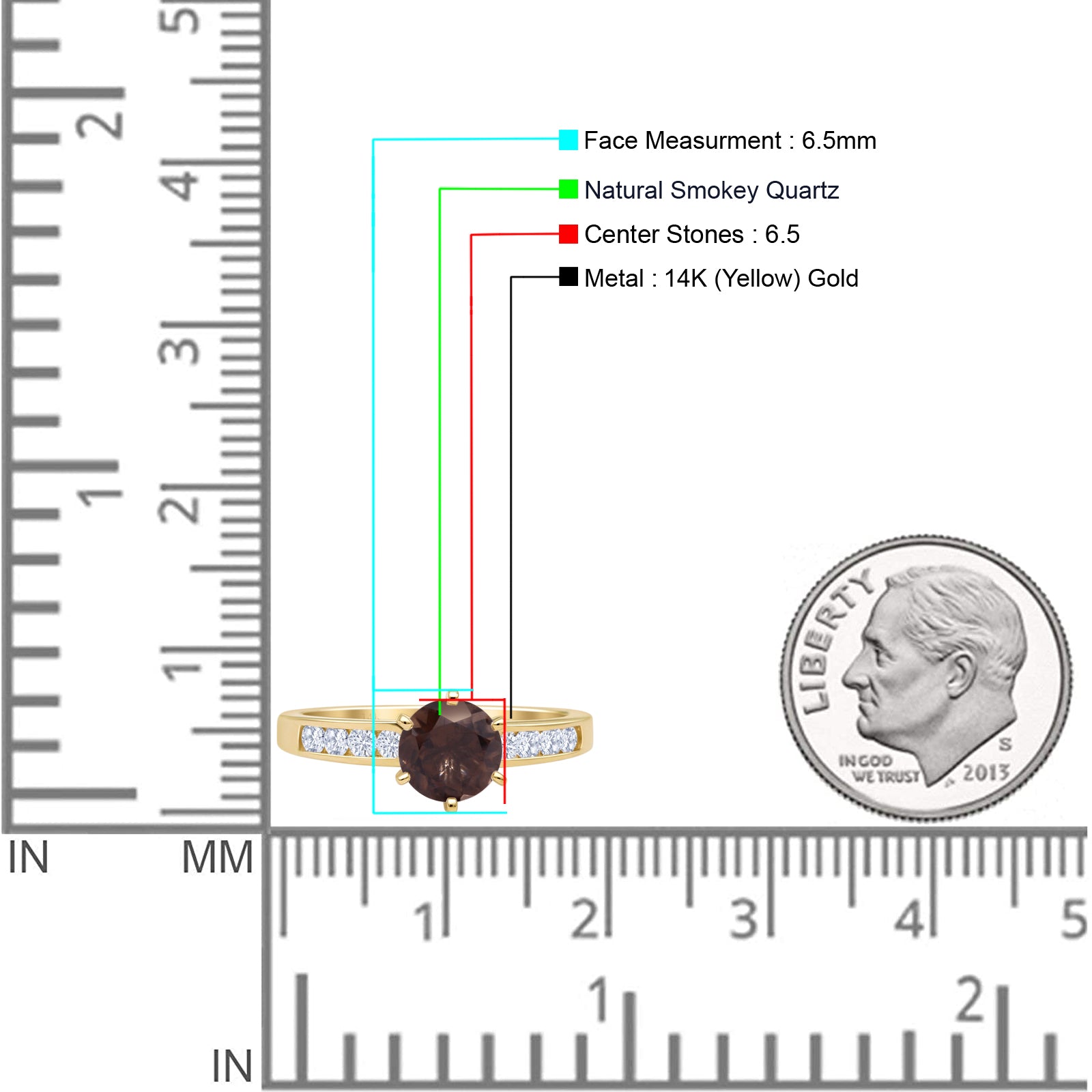 14K Yellow Gold Round Natural Chocolate Smoky Quartz Cathedral Ring for Women - Elegant Wedding, Engagement & Evening Party Jewelry Gift