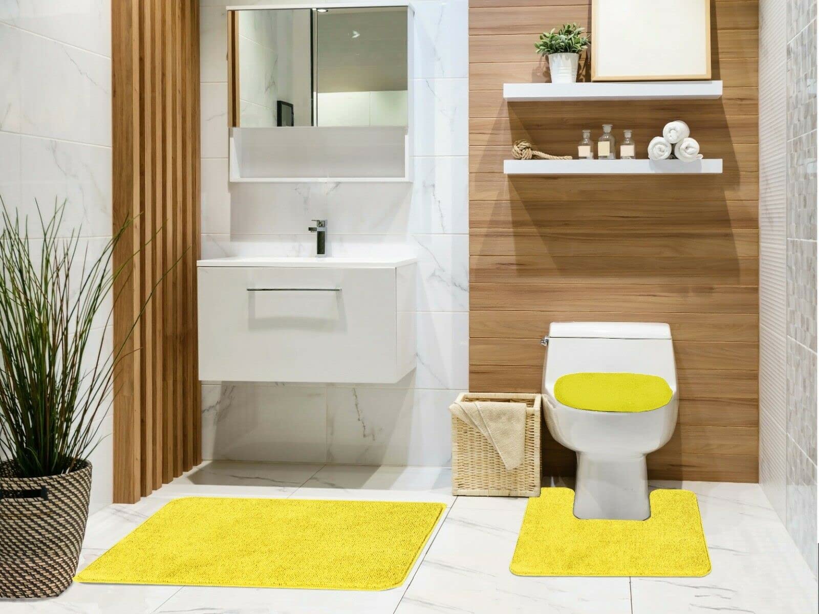 Tobin 3-Piece Bathroom Rug Set - Non-Slip Rubber Back, Water Absorbent Bath Mat, Contour Rug & Toilet Lid Cover - Low Pile Floor Mats in Lemon | Perfect for Bathroom Safety & Comfort, Ideal for Modern Homes