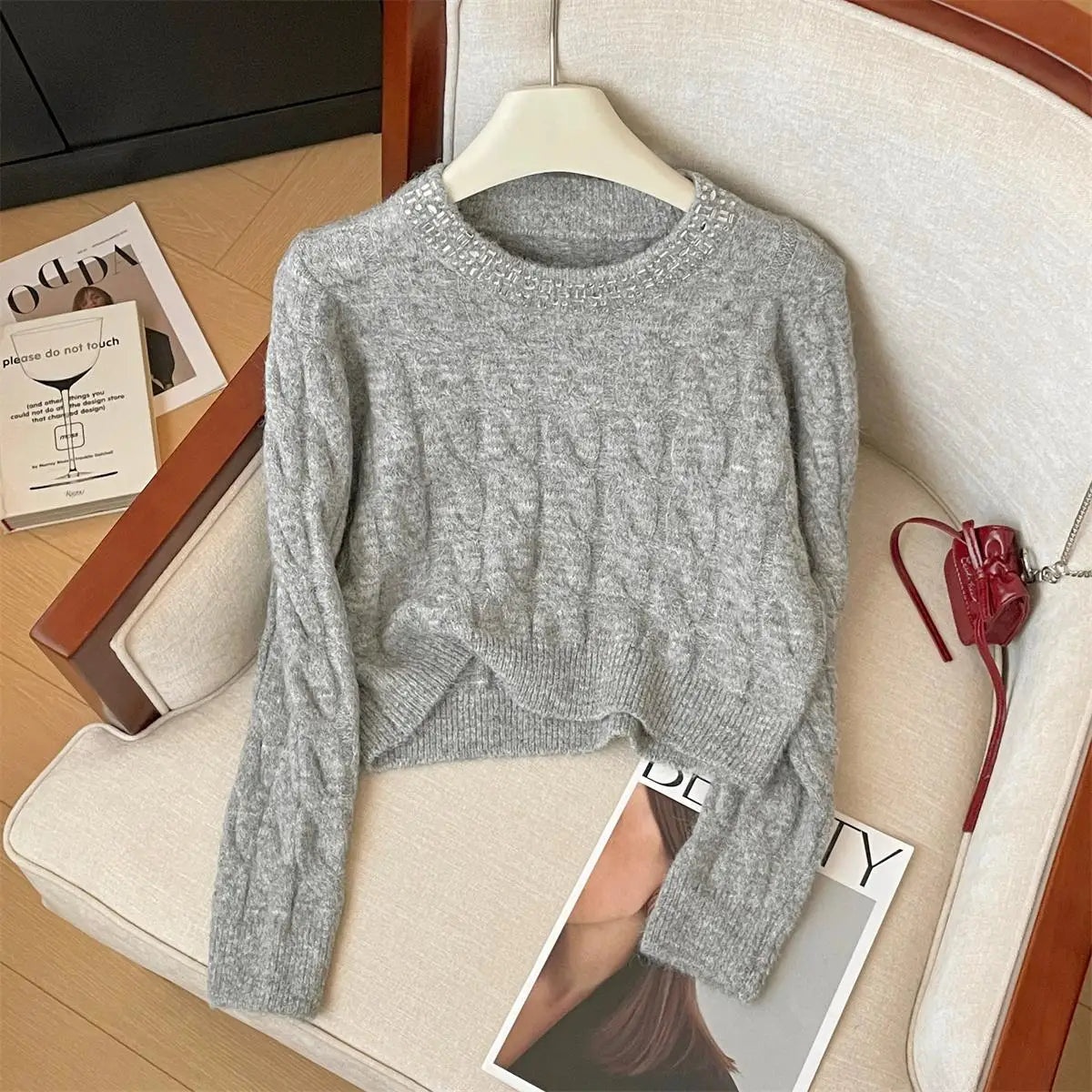 Women's Beige & Pink Diamond Knit Sweater - Round Neck Long Sleeve Pullover Top for Fall Winter | Casual Chic Fashion Knitwear for Office, Dating & Holiday Outfits