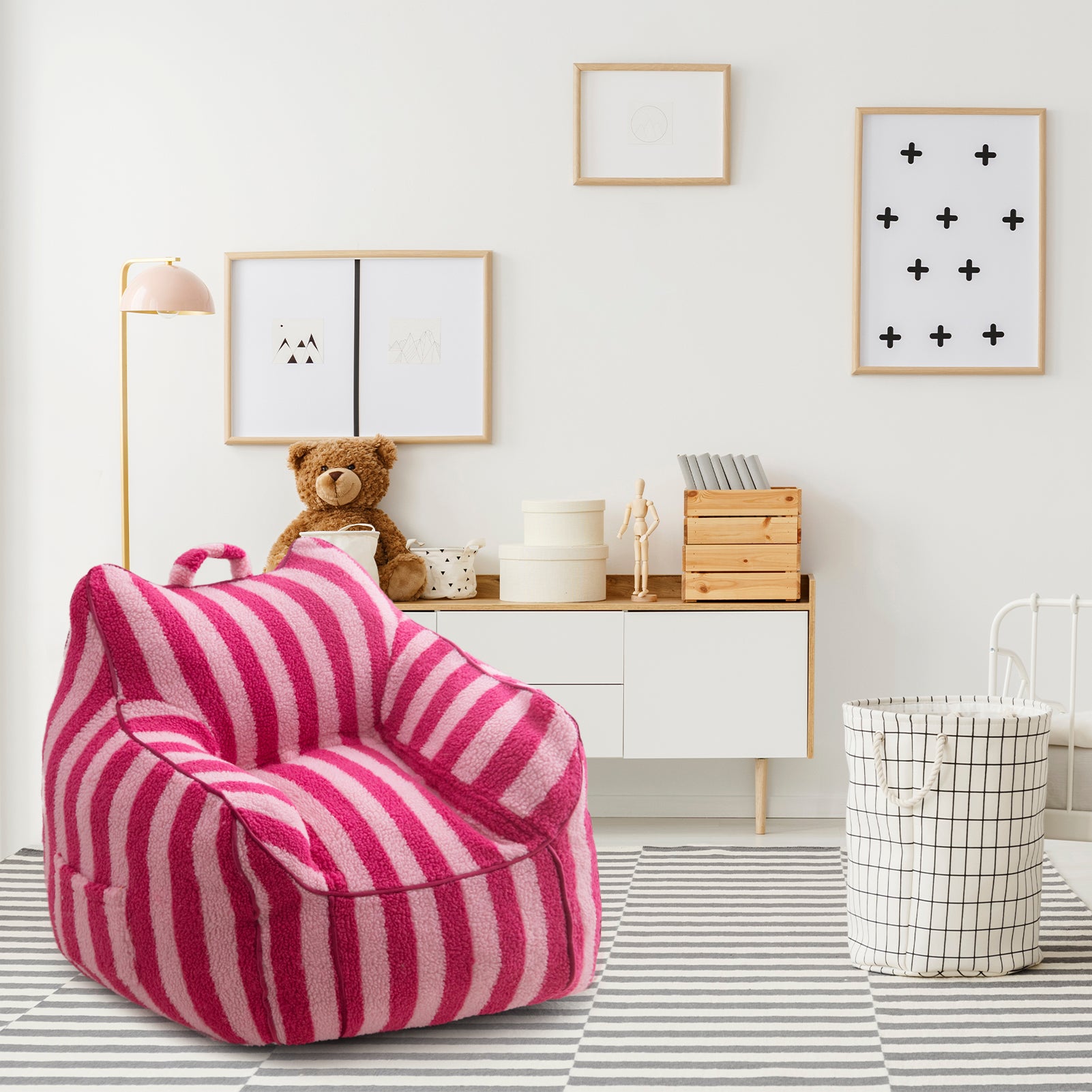 MAXYOYO Kids Bean Bag Chair - Sherpa Fabric Bean Bag Couch with Decorative Edges for Children's Room | Soft Pink Striped Design | Perfect for Playrooms, Bedrooms & Reading Nooks