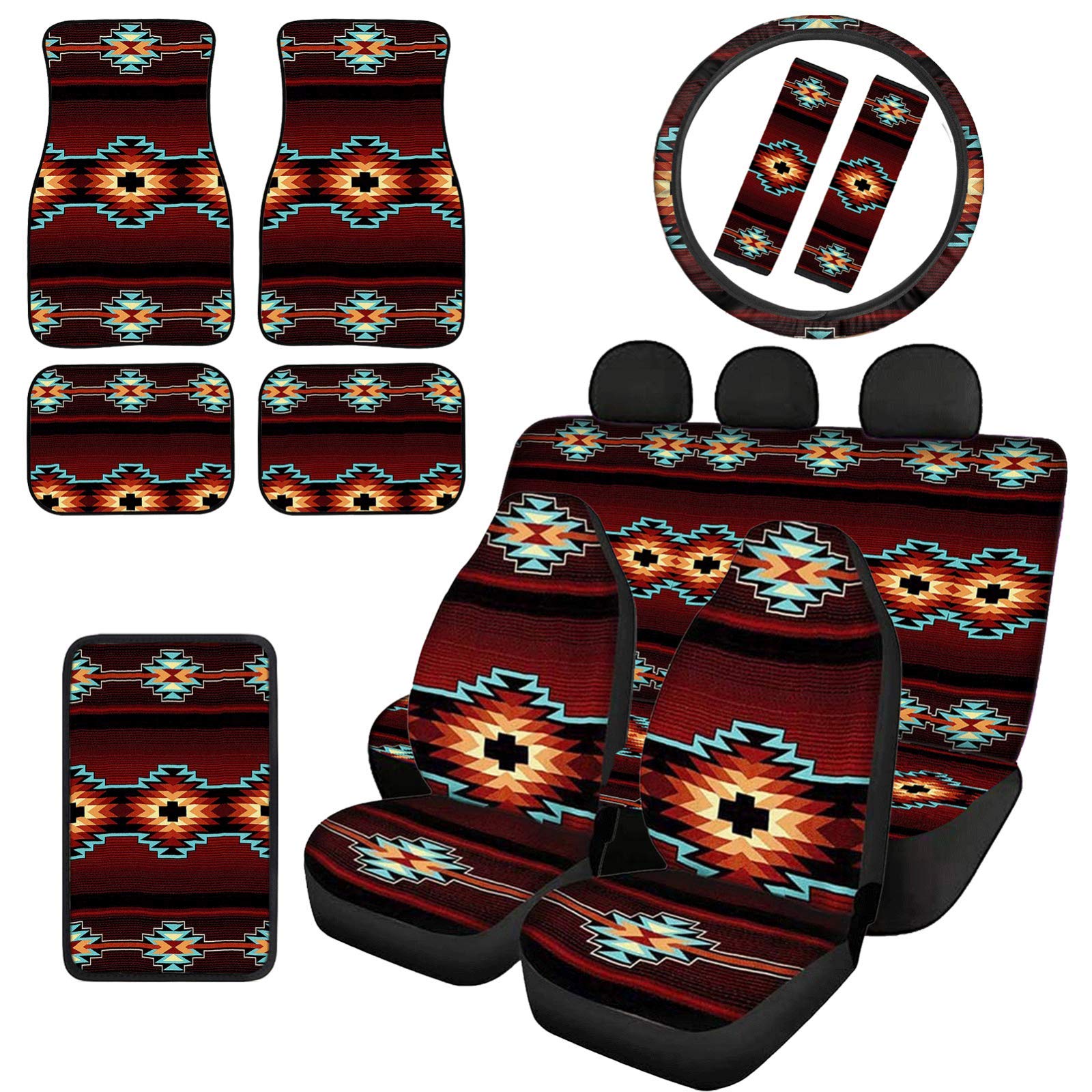 **African Geometric Print Car Floor Mats & Seat Covers Set - All-Weather Auto Accessories for Women (Steering Wheel Cover, Armrest Protector, Belt Pads) - Perfect for SUVs, Sedans & Vintage Style Cars**