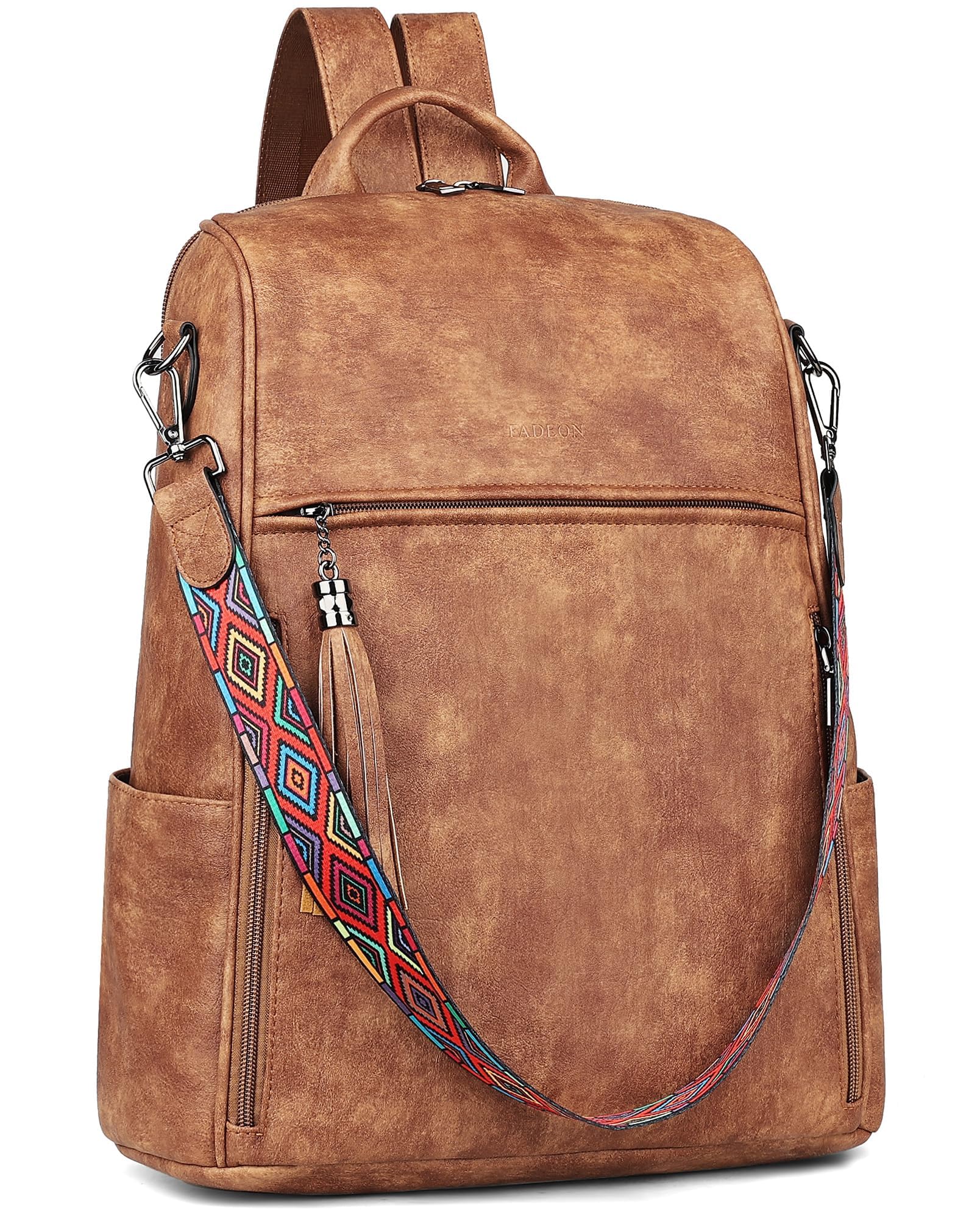 FADEON Women's Leather Laptop Backpack - 15.6 Inch PU Computer Bag for Work & Travel - Stylish Brown Designer Backpack for Business, College & Daily Commute