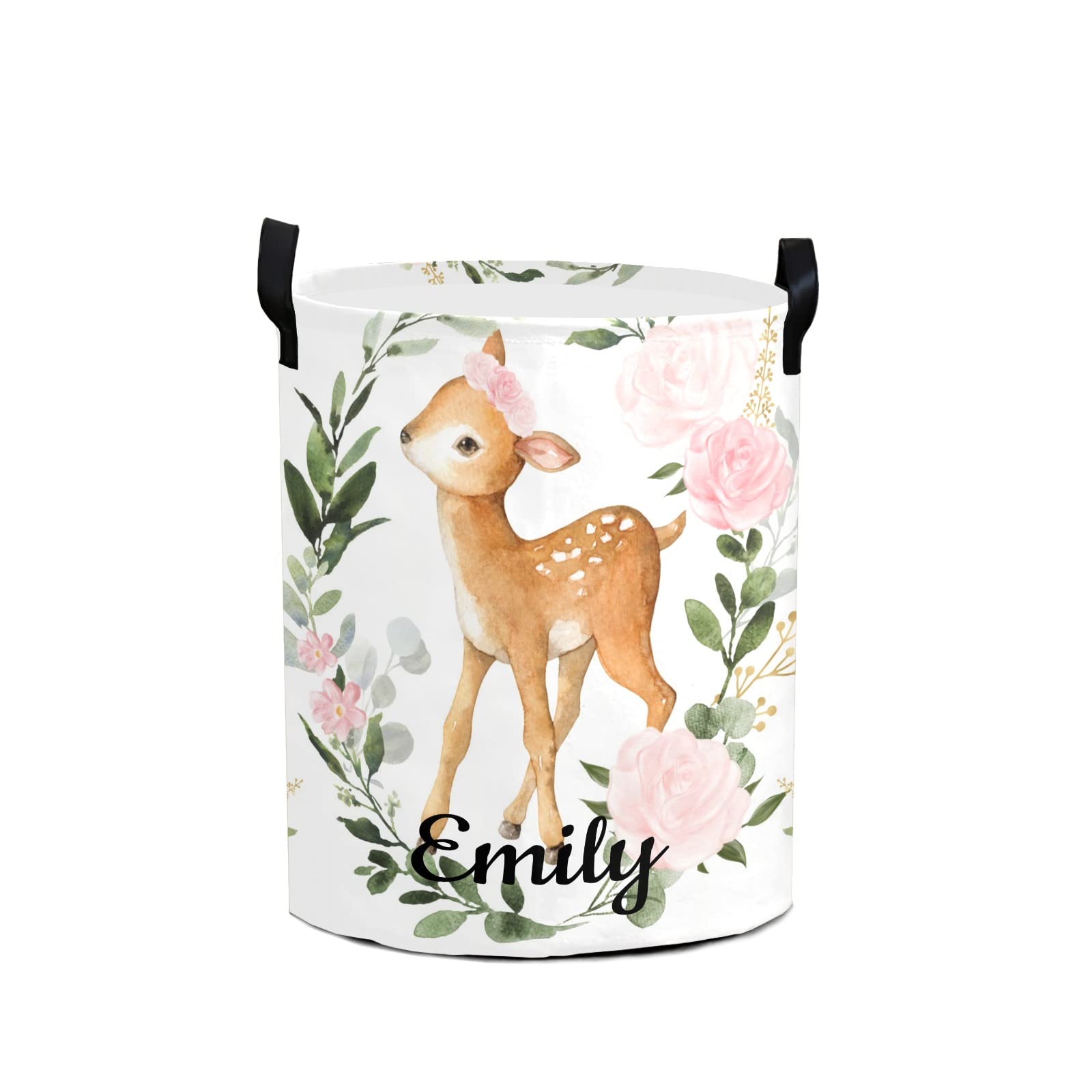 Personalized Pink Deer Floral Laundry Hamper - Waterproof Collapsible Drawstring Storage Basket with Handle for Clothes & Toys (50x36cm) | Perfect for Bedroom, Nursery, Dorm & Laundry Room Organization