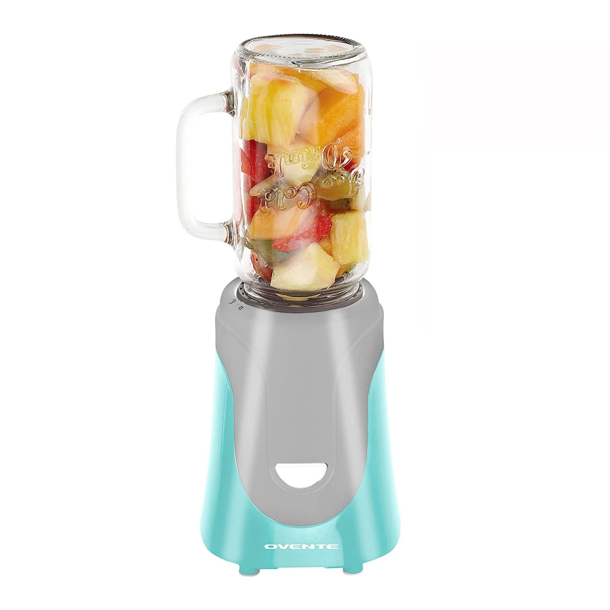 OVENTE BLH100T 300W Personal Blender with 18oz BPA-Free Mason Jar - Stainless Steel Blades, Dishwasher Safe, Includes Reusable Straw & Lid - Perfect for Smoothies, Protein Shakes & Meal Prep (Turquoise)