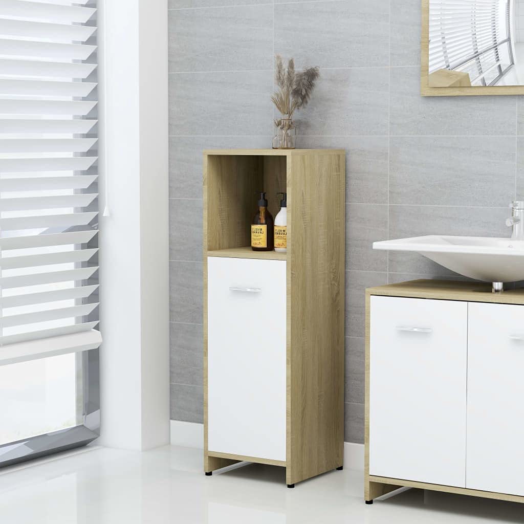 Nicoone Wooden Bathroom Floor Cabinet - Free Standing Storage Organizer for Bathroom, Living Room & Bedroom - White & Sonoma Oak (11.8