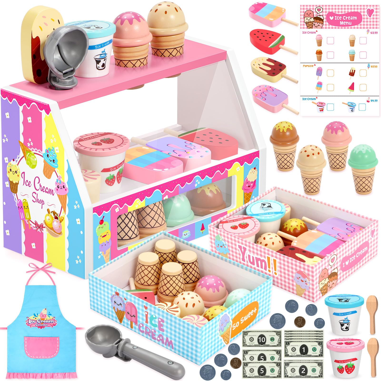 INNOCHEER Wooden Ice Cream Play Set - Pretend Play Kitchen Toys for Toddlers, Ice Cream Shop Playset with Scoop & Toppings - Educational Toys for 3 4 5 6 7 8 Year Old Boys Girls - Perfect for Birthday Gifts & Role Play Learning