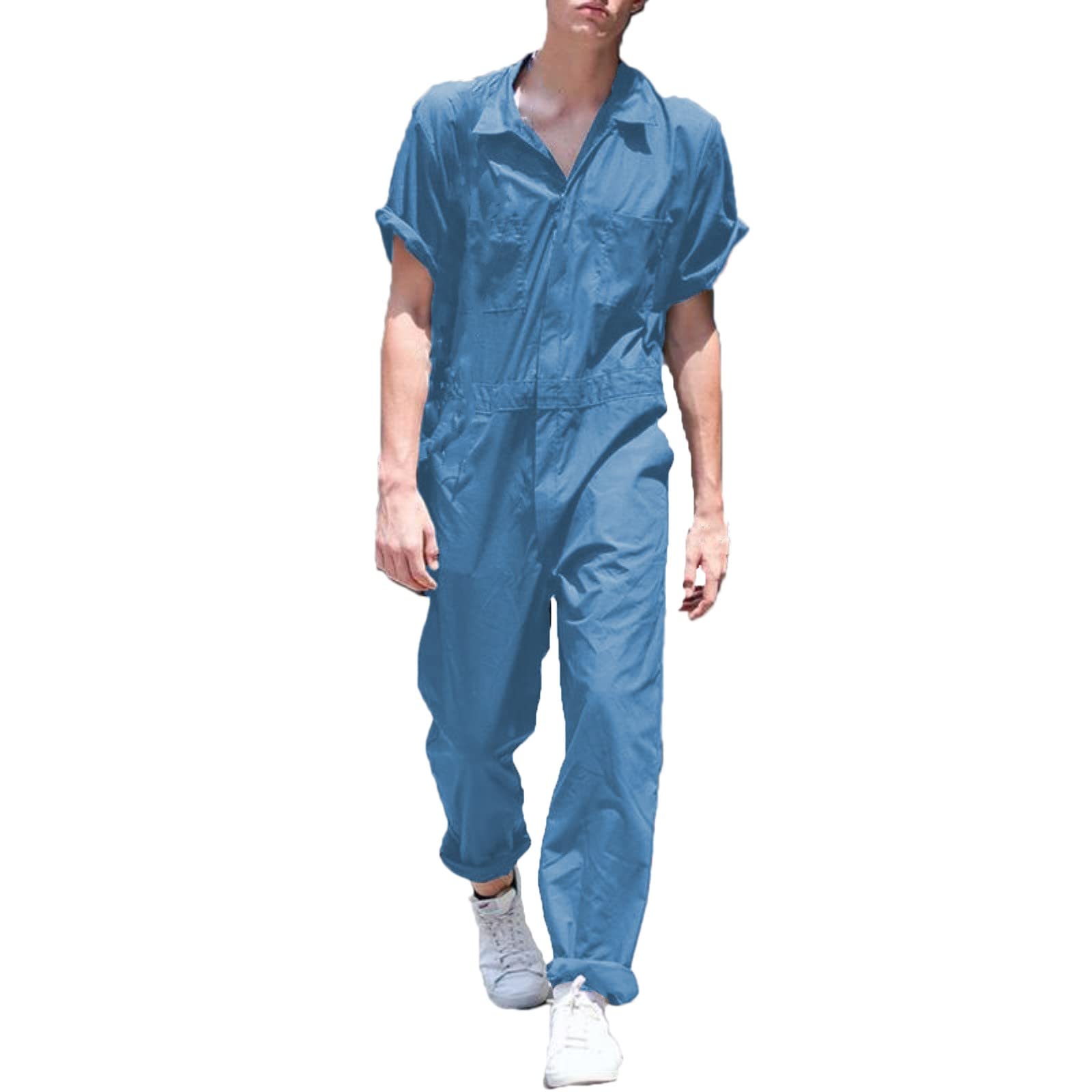 Gefomuofe Men's Short Sleeve Work Overalls - Single Breasted One-Piece Jumpsuit in Blue, Size XL | Durable Protective Coverall for Construction, Painting, Gardening & Industrial Work