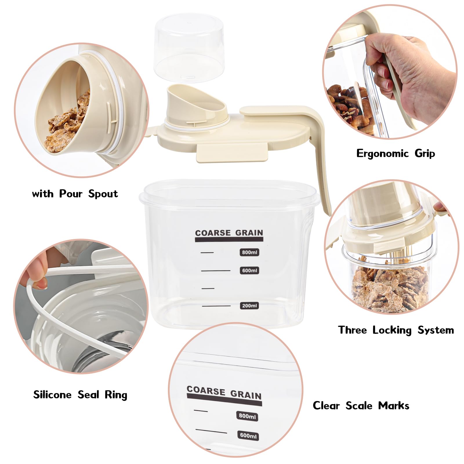 Airtight Cereal Storage Containers with Lids - 3-Pack 0.8L Plastic Food Canisters for Rice, Flour, Sugar & Dry Goods - Leak-Proof Pantry Organization with Pour Spout - Perfect for Kitchen, Pantry & Bulk Food Storage