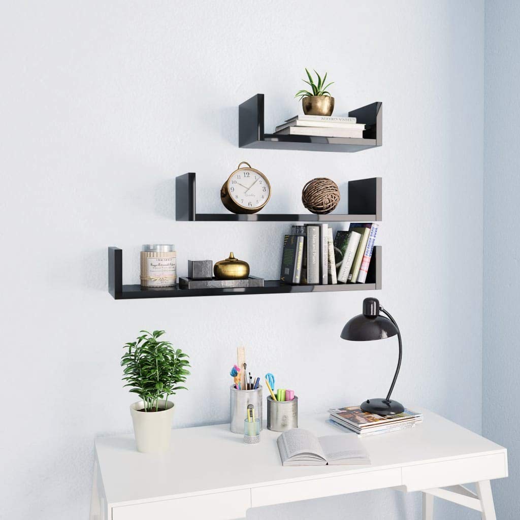 3-Piece Wall Display Shelf Set - Floating Wall Mounted Shelves for Storage - High Gloss Black Chipboard - Perfect for Bedroom, Living Room, Bathroom, Kitchen & Office Organization