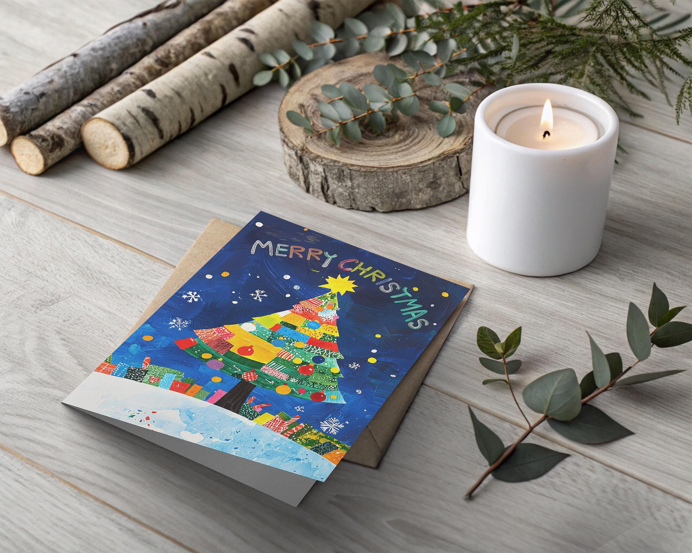 George Miller Art Print - Christmas Card with Colorful Tree & Night Sky Scene - Artistic Holiday Greeting for Home Decor & Gift Giving