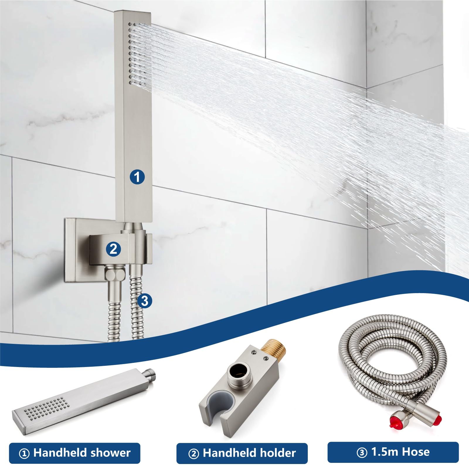 Midanya 12 Inch Square Rainfall Shower System - Brushed Nickel Wall Mount Shower Faucet Set with Handheld Sprayer, Rough-in Valve & Trim Kit - Luxury Bathroom Mixer Shower Combo for Spa-like Experience