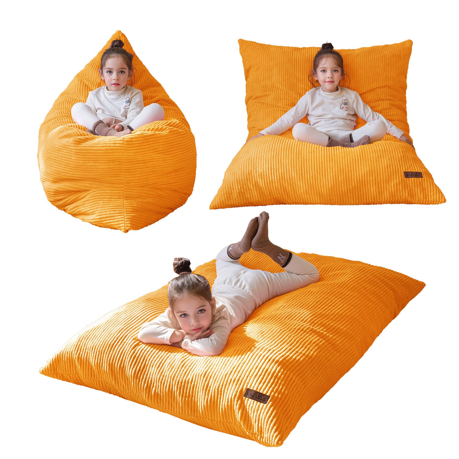 MAXYOYO 3-in-1 Convertible Kids Bean Bag Chair & Bed - Multi-Functional Floor Sofa for Children's Room, Gaming & Reading - Soft & Comfortable Orange Lounge Furniture for Playroom, Dorm or Nursery