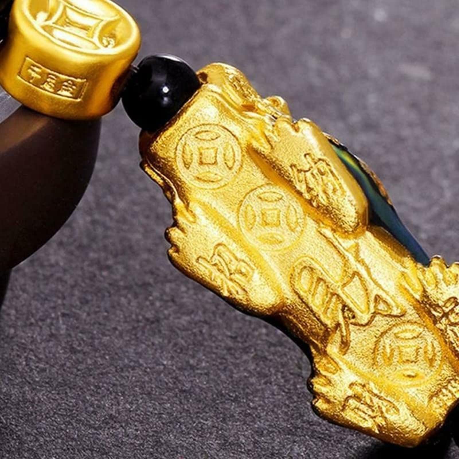 Feng Shui Bracelet for Wealth & Luck - Green Stone Beads Unisex Pixiu Bracelet with Gold Charm for Men & Women (Black/Green) - Perfect for Meditation, Gifts & Positive Energy